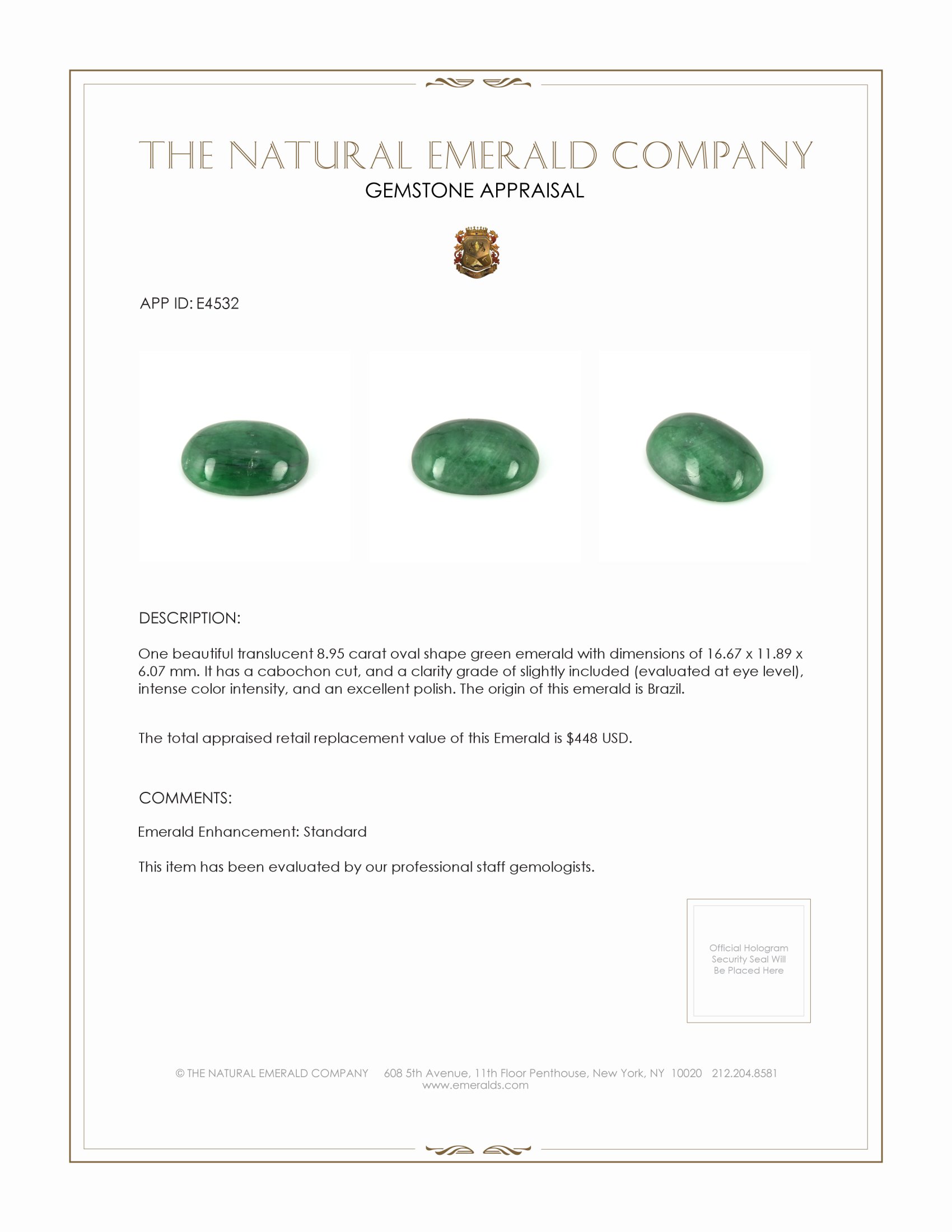 8.95 Ct. Cabochon Emerald from Brazil