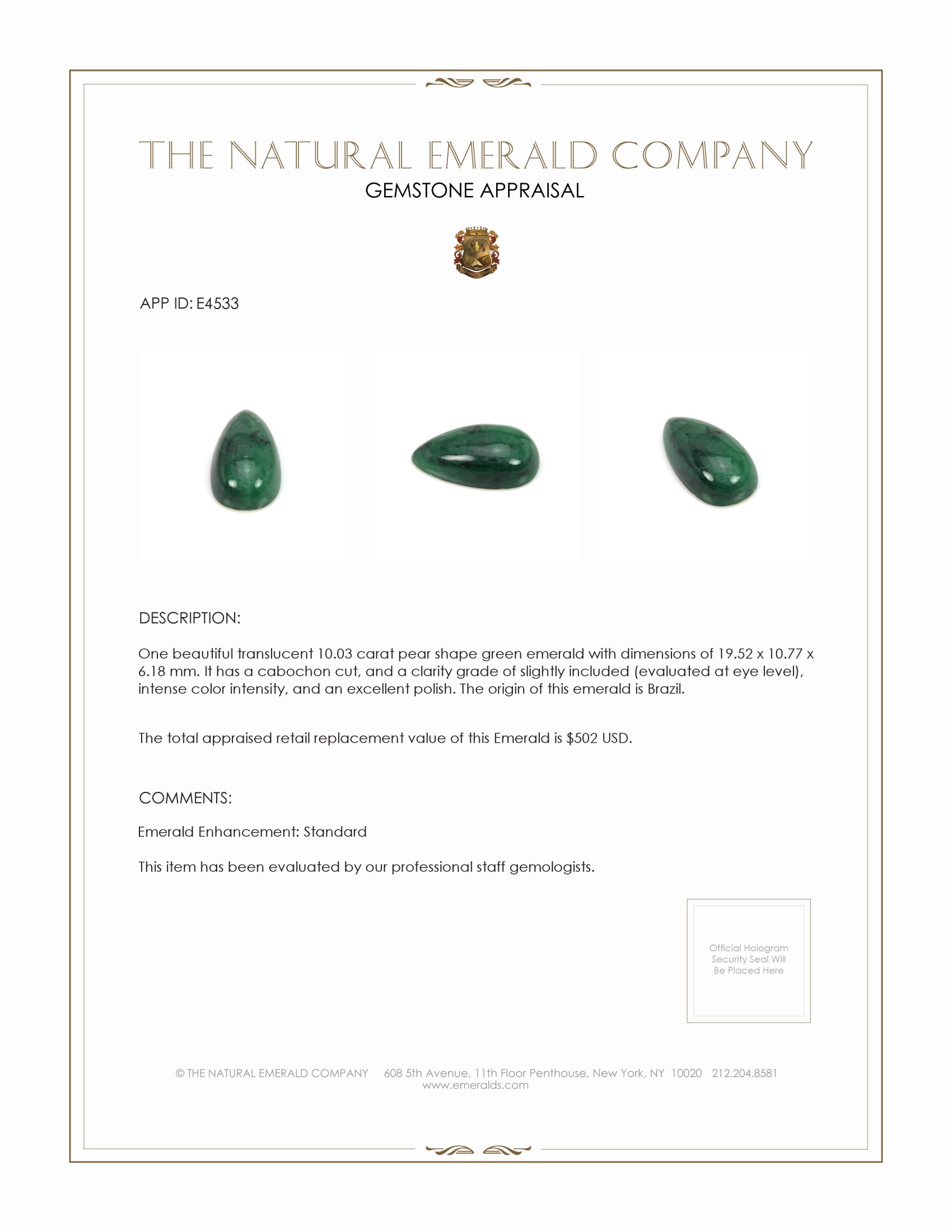 10.03 Ct. Cabochon Emerald from Brazil