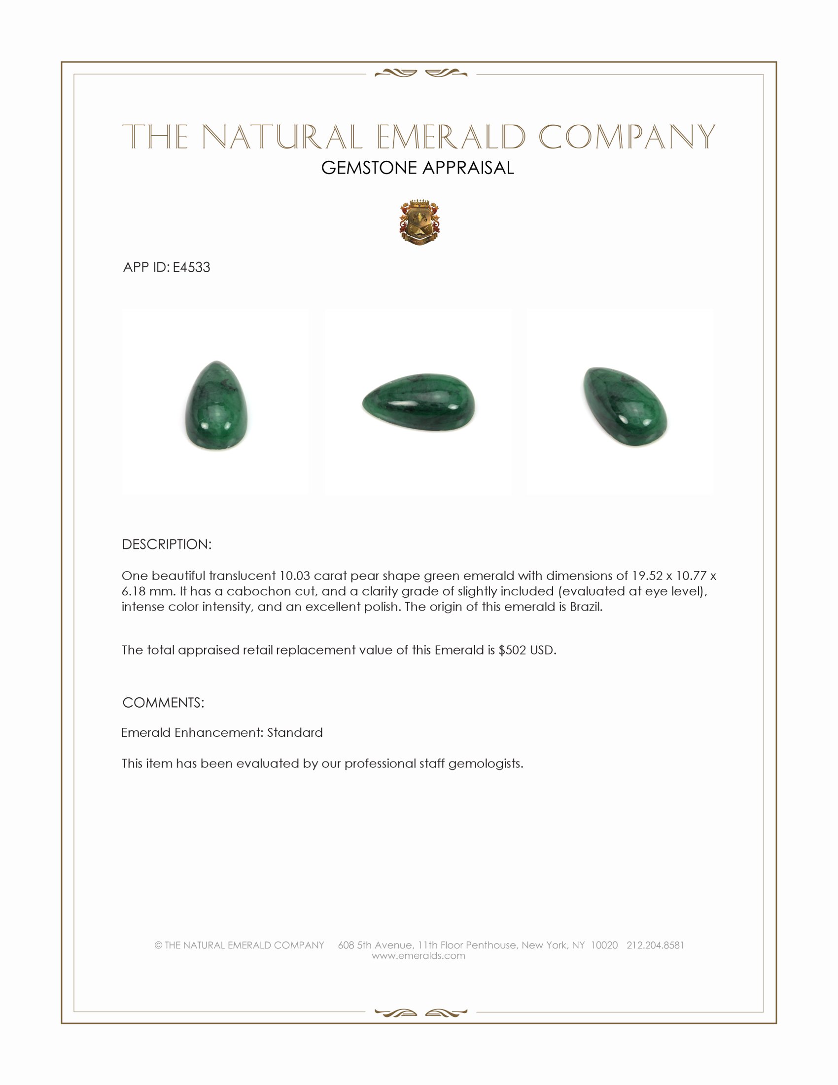 10.03 Ct. Cabochon Emerald from Brazil