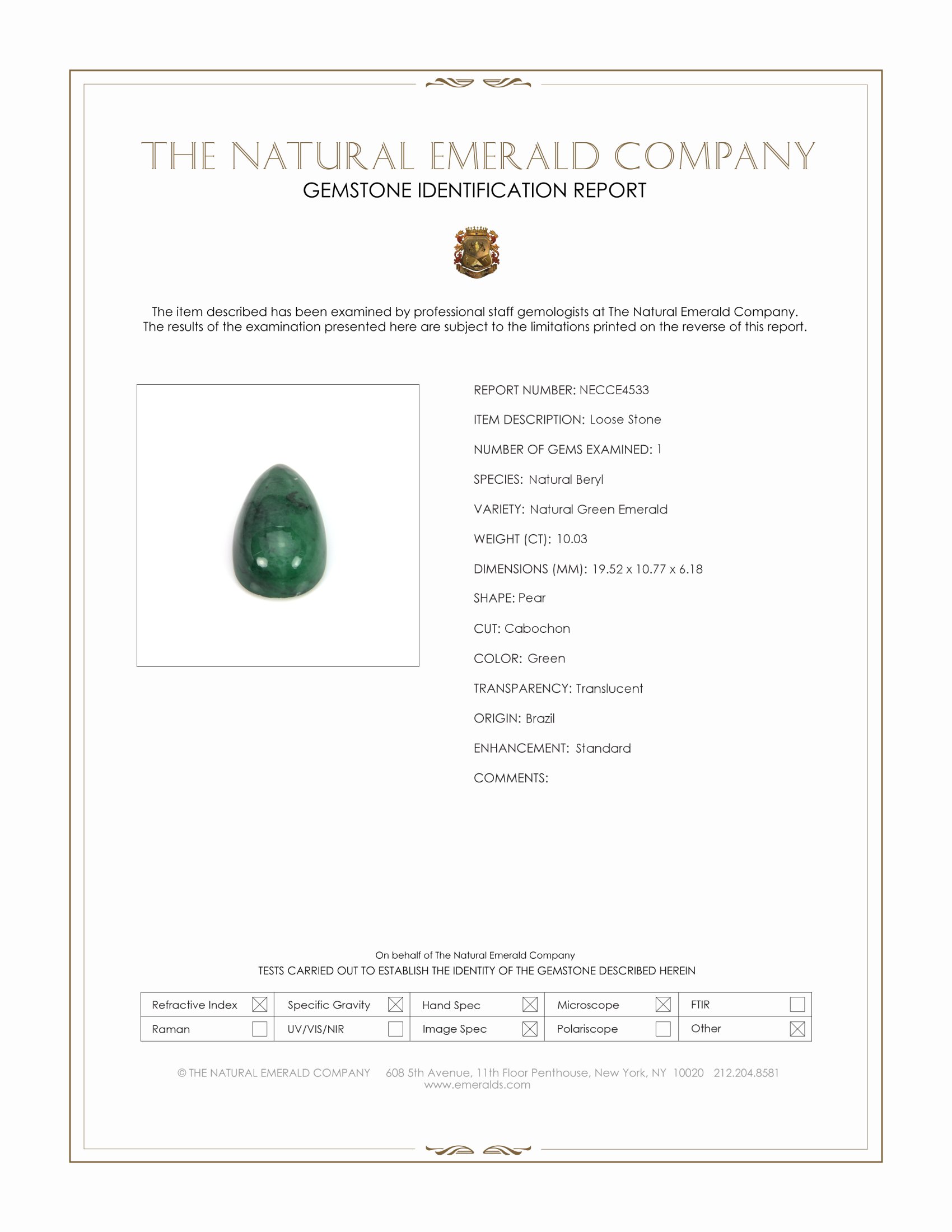 10.03 Ct. Cabochon Emerald from Brazil