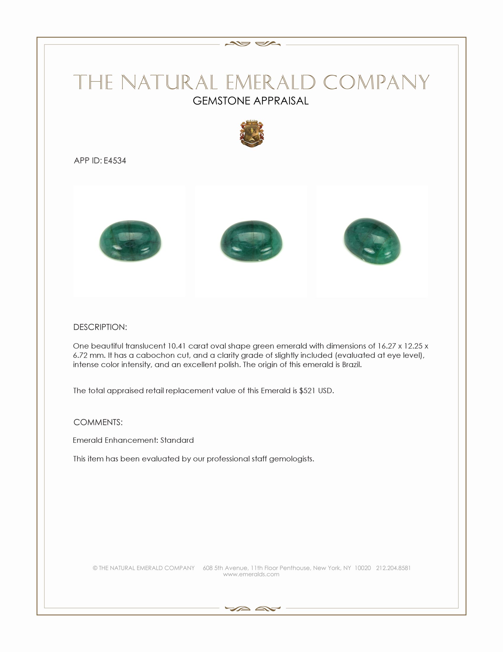 10.41 Ct. Cabochon Emerald from Brazil