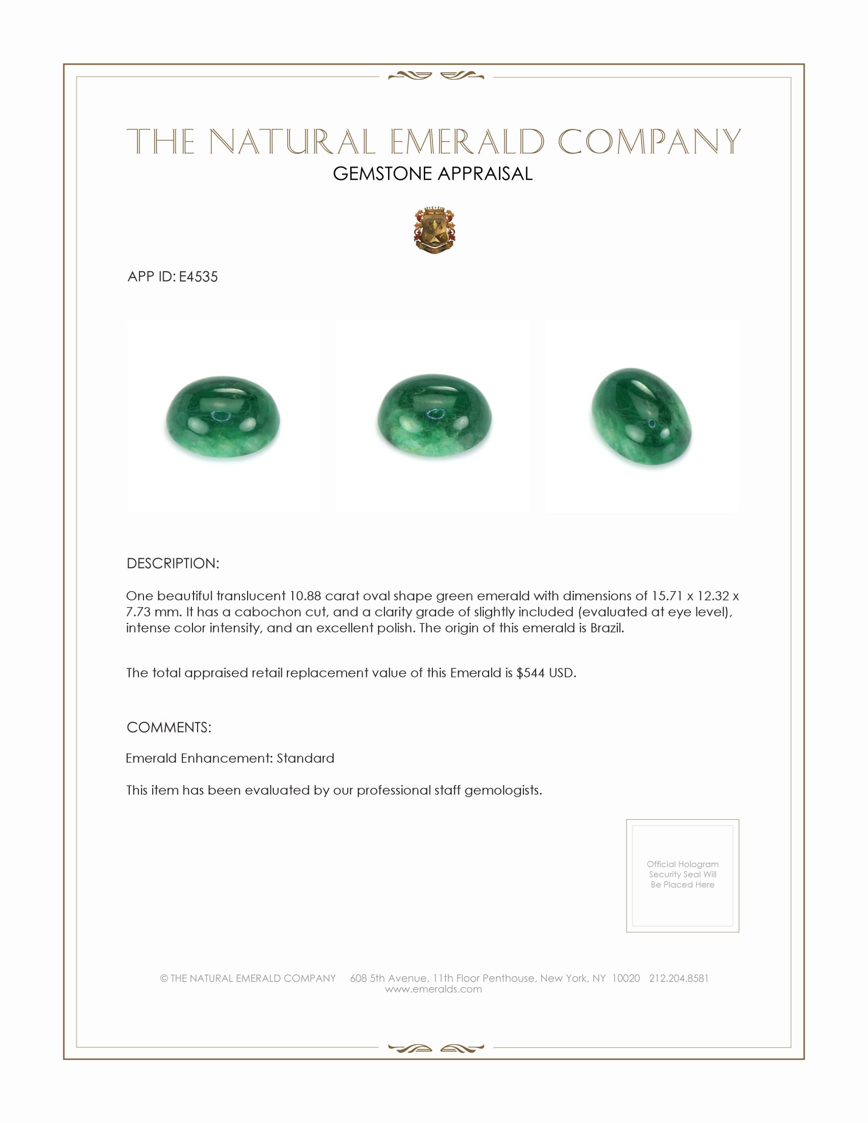 10.88 Ct. Cabochon Emerald from Brazil