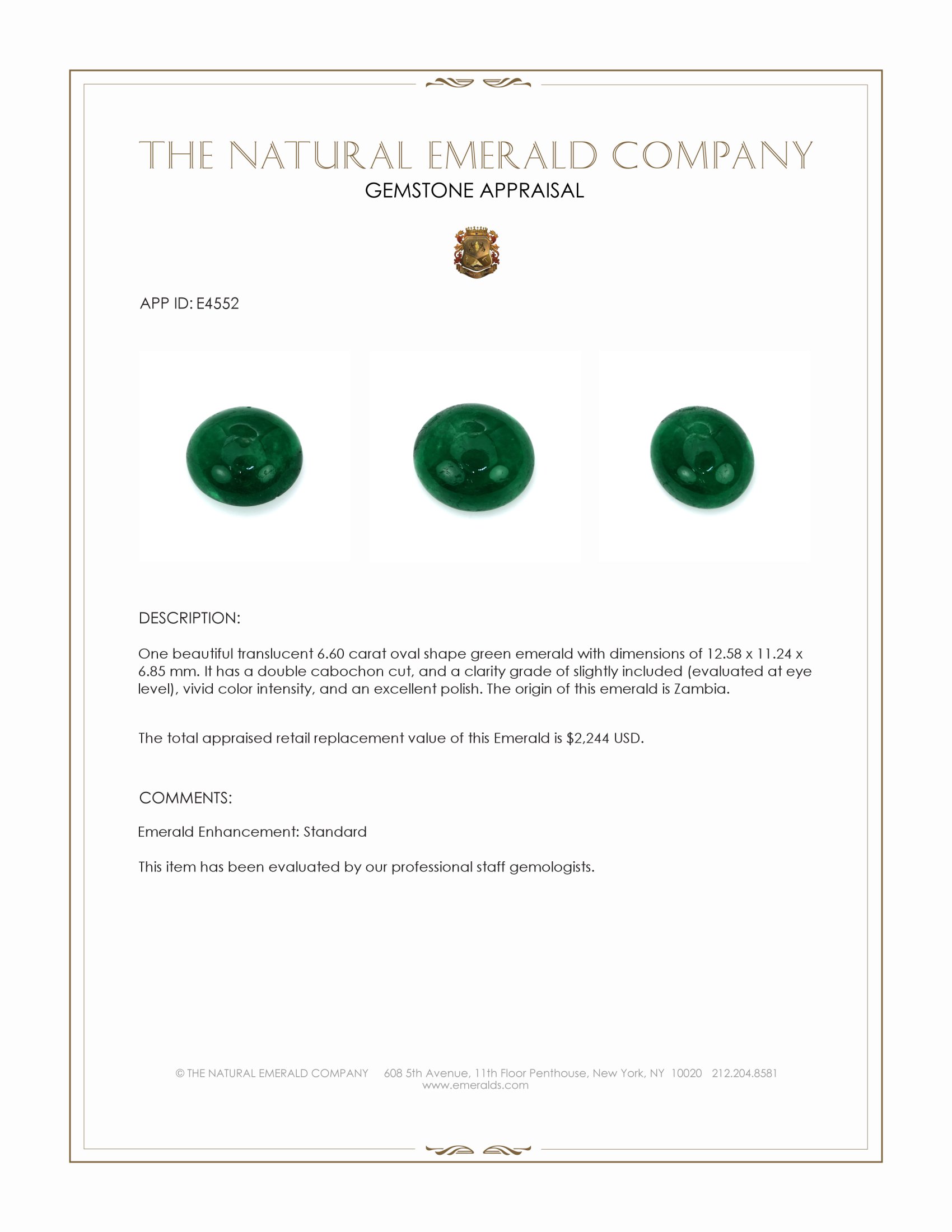 6.60 Ct. Cabochon Emerald from Zambia
