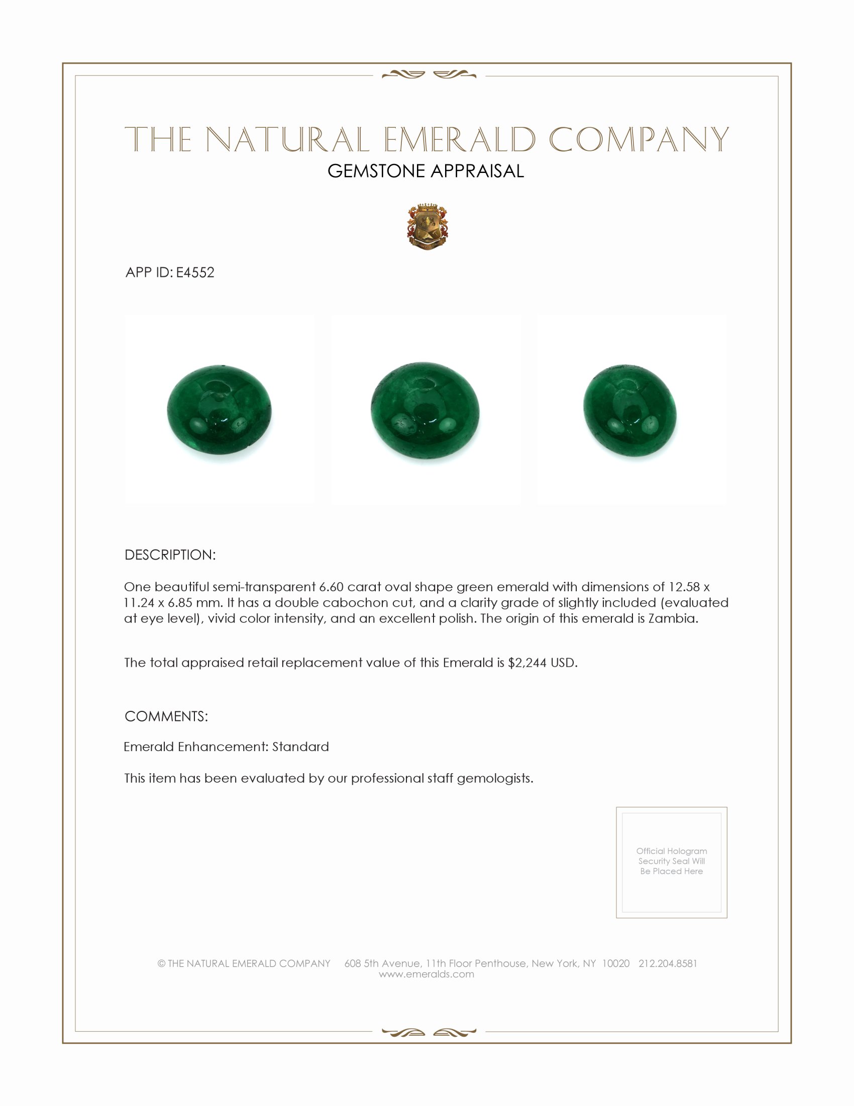 6.60 Ct. Cabochon Emerald from Zambia