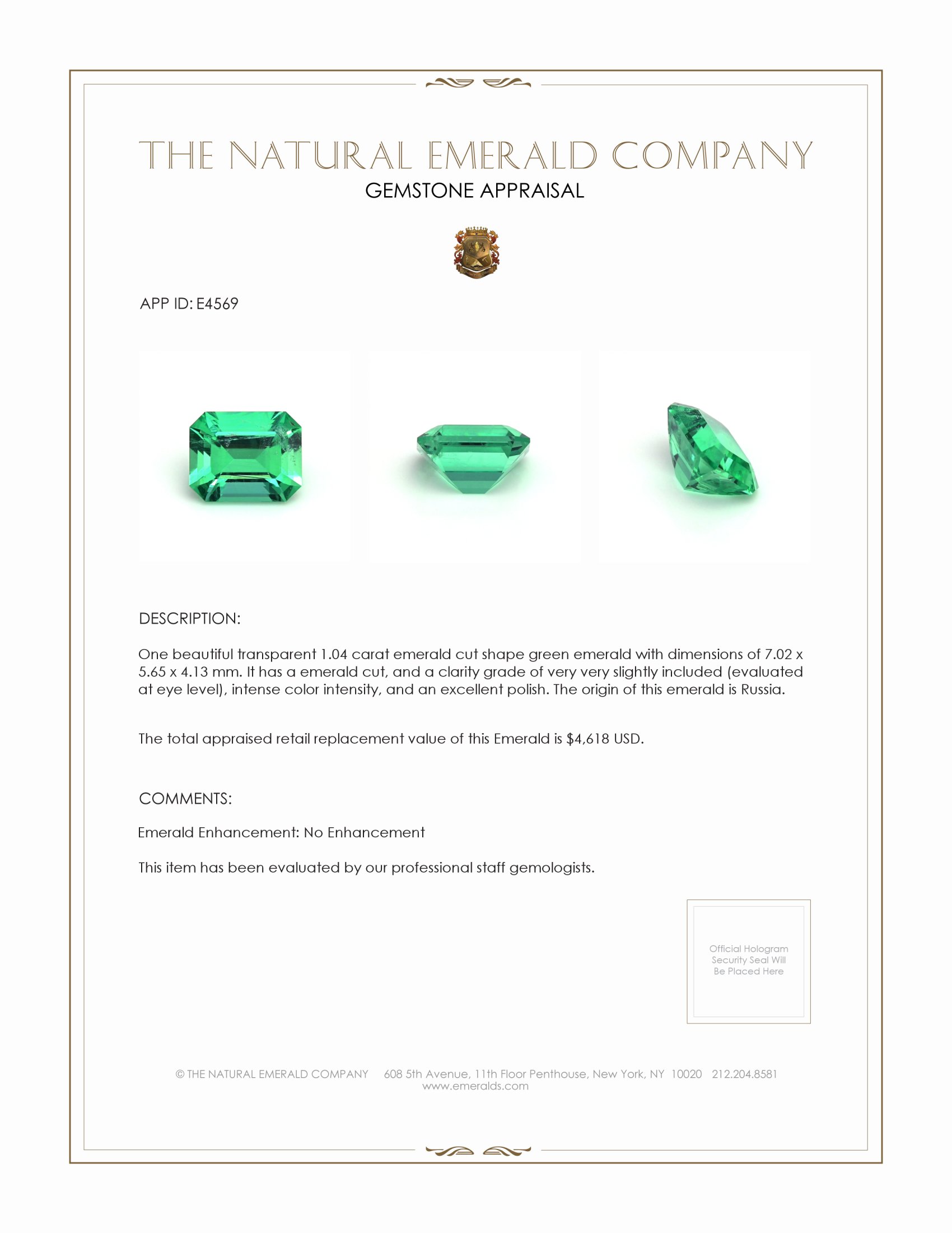 1.04 Ct. Emerald from Russia