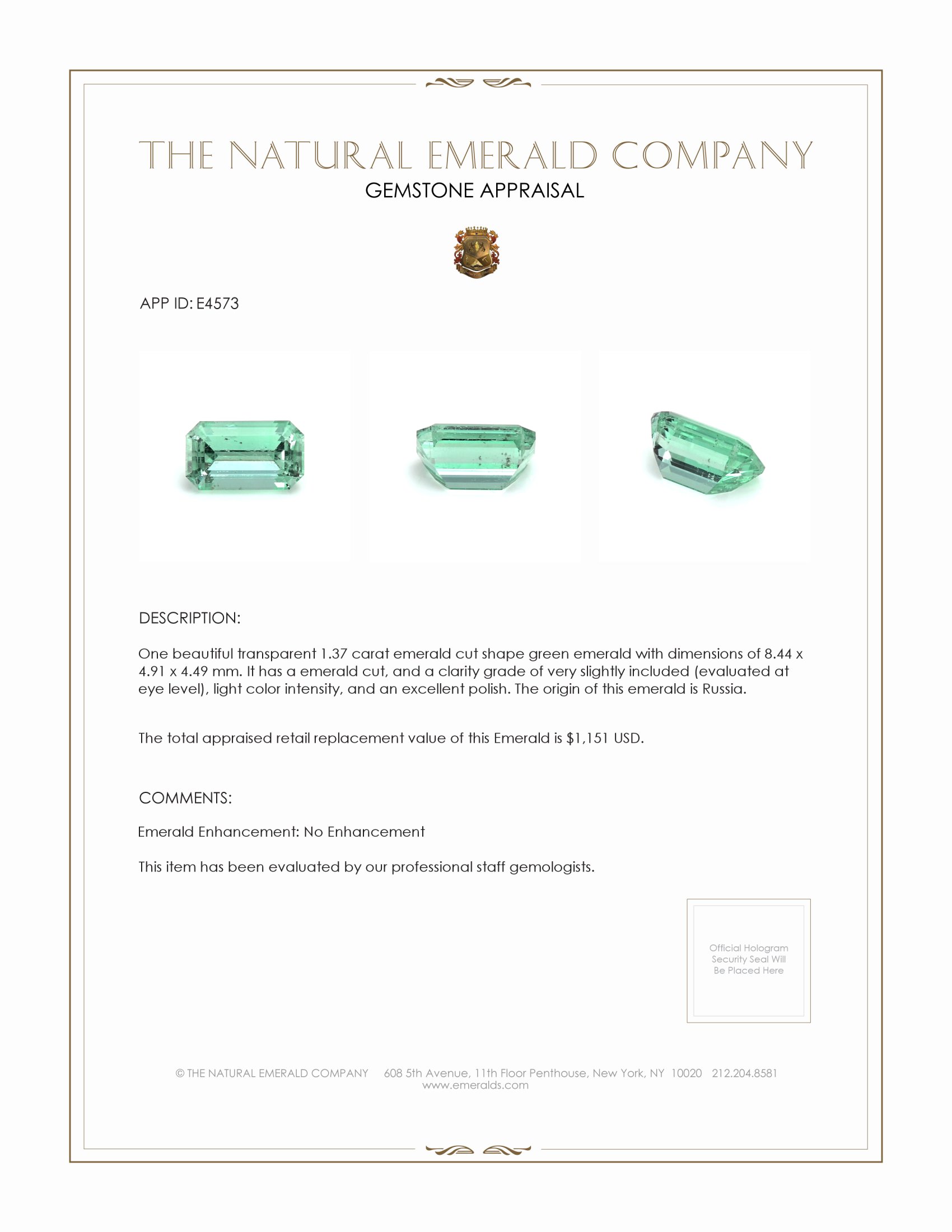 1.37 Ct. Emerald from Russia