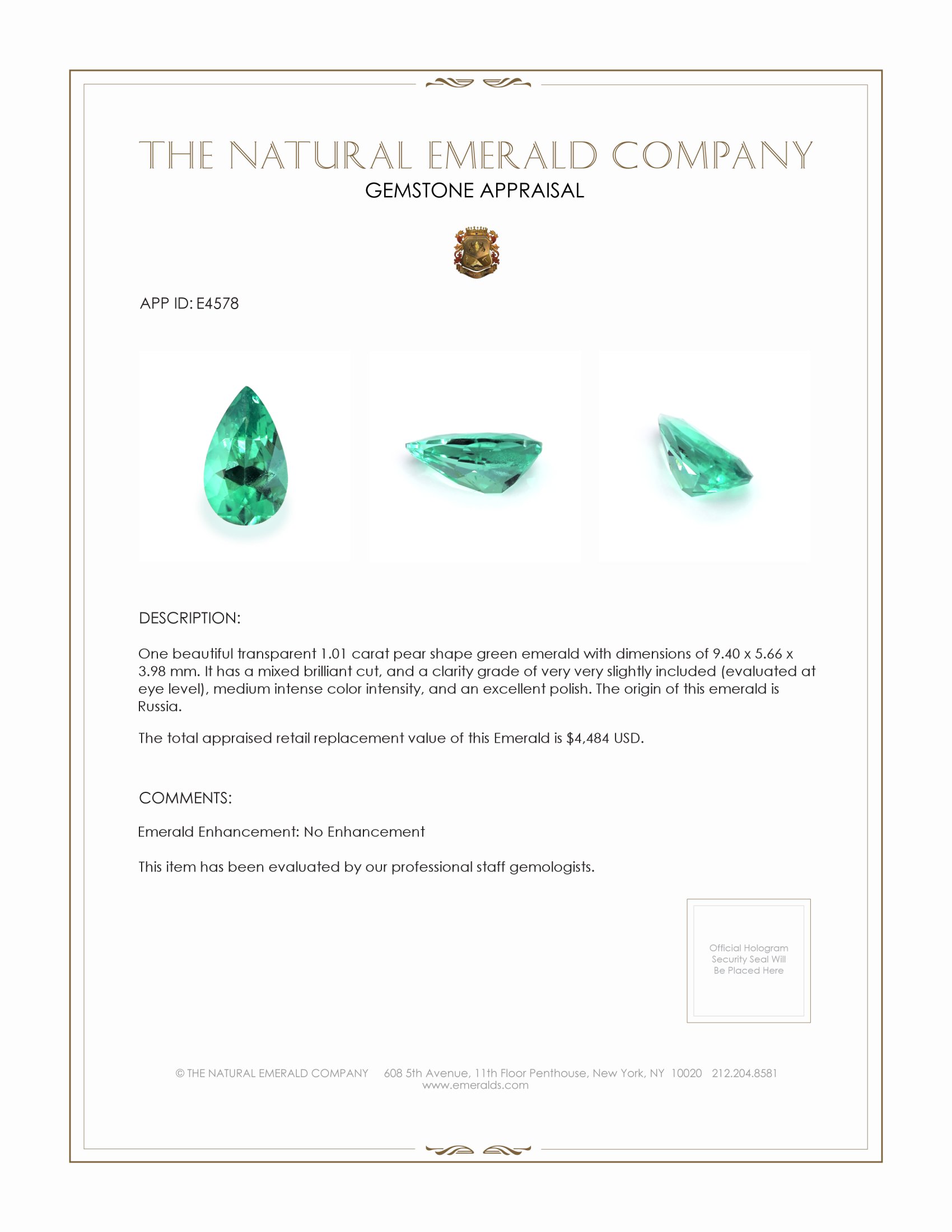 1.01 Ct. Emerald from Russia