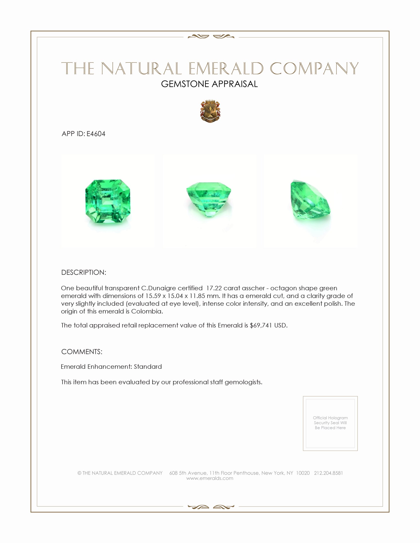 17.22 Ct. Emerald from Colombia