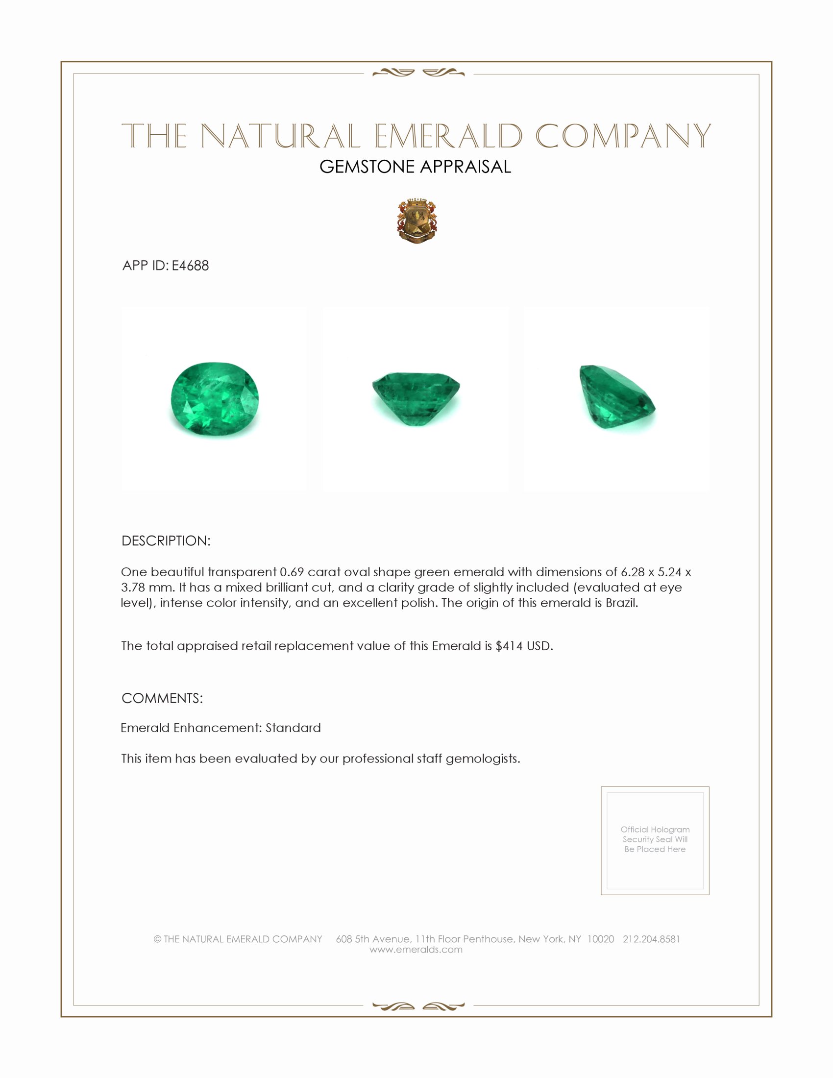 0.69 Ct. Emerald from Brazil