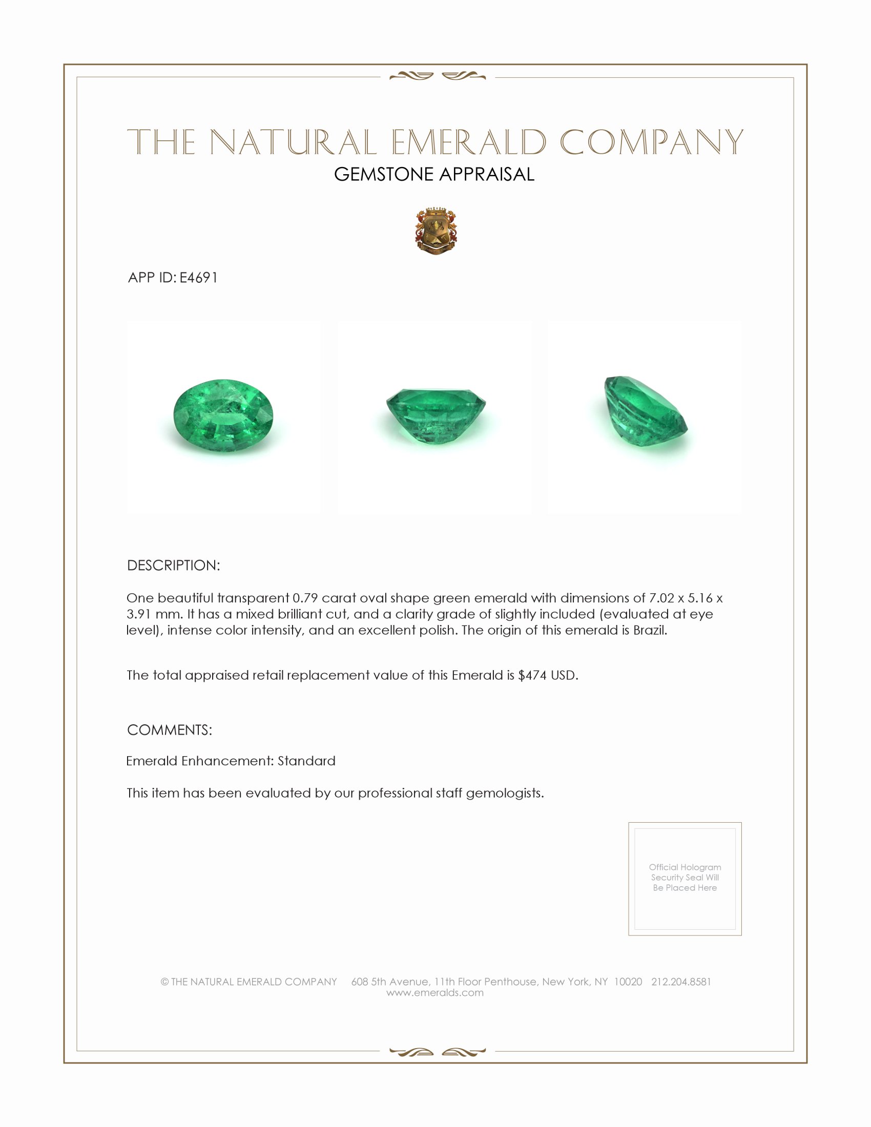 0.79 Ct. Emerald from Brazil