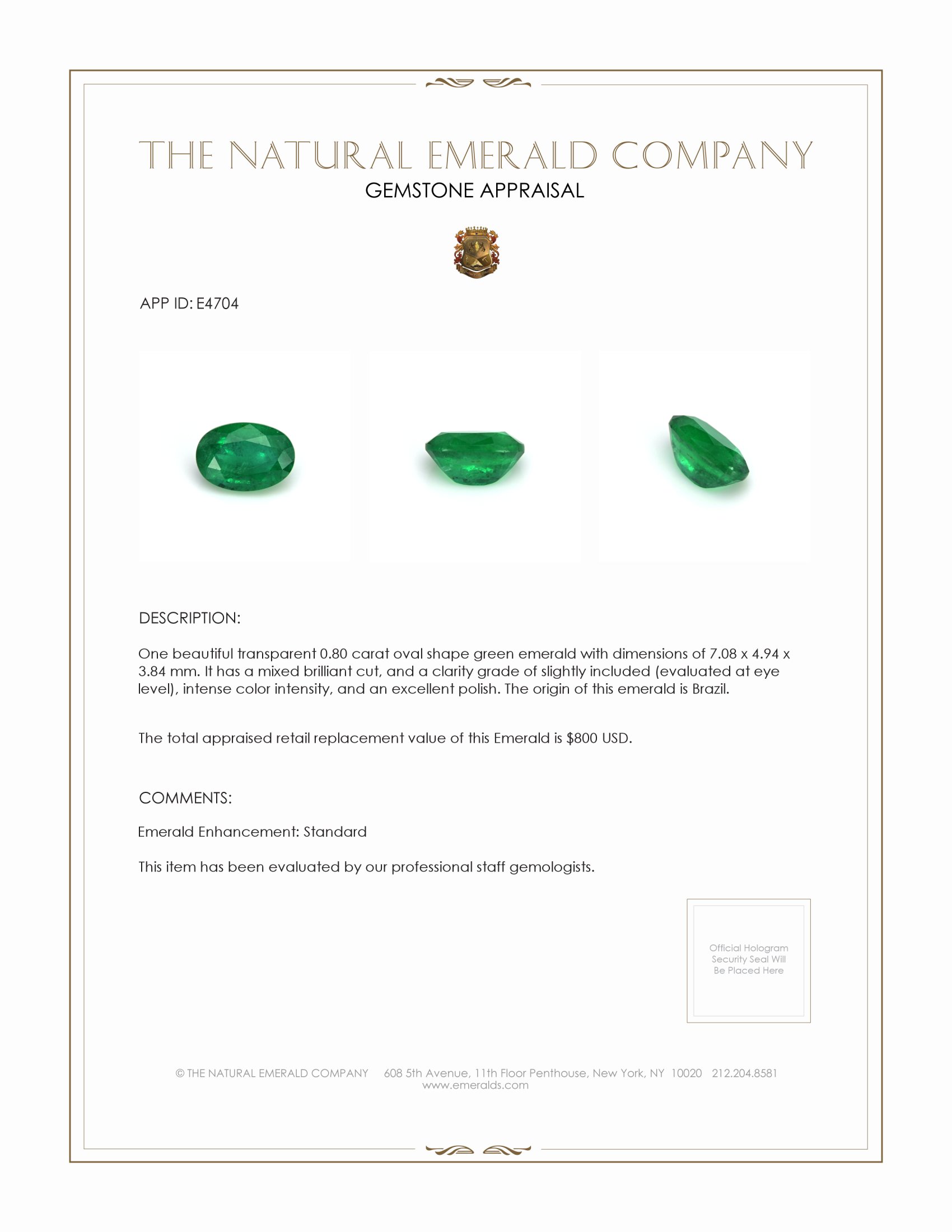 0.80 Ct. Emerald from Brazil