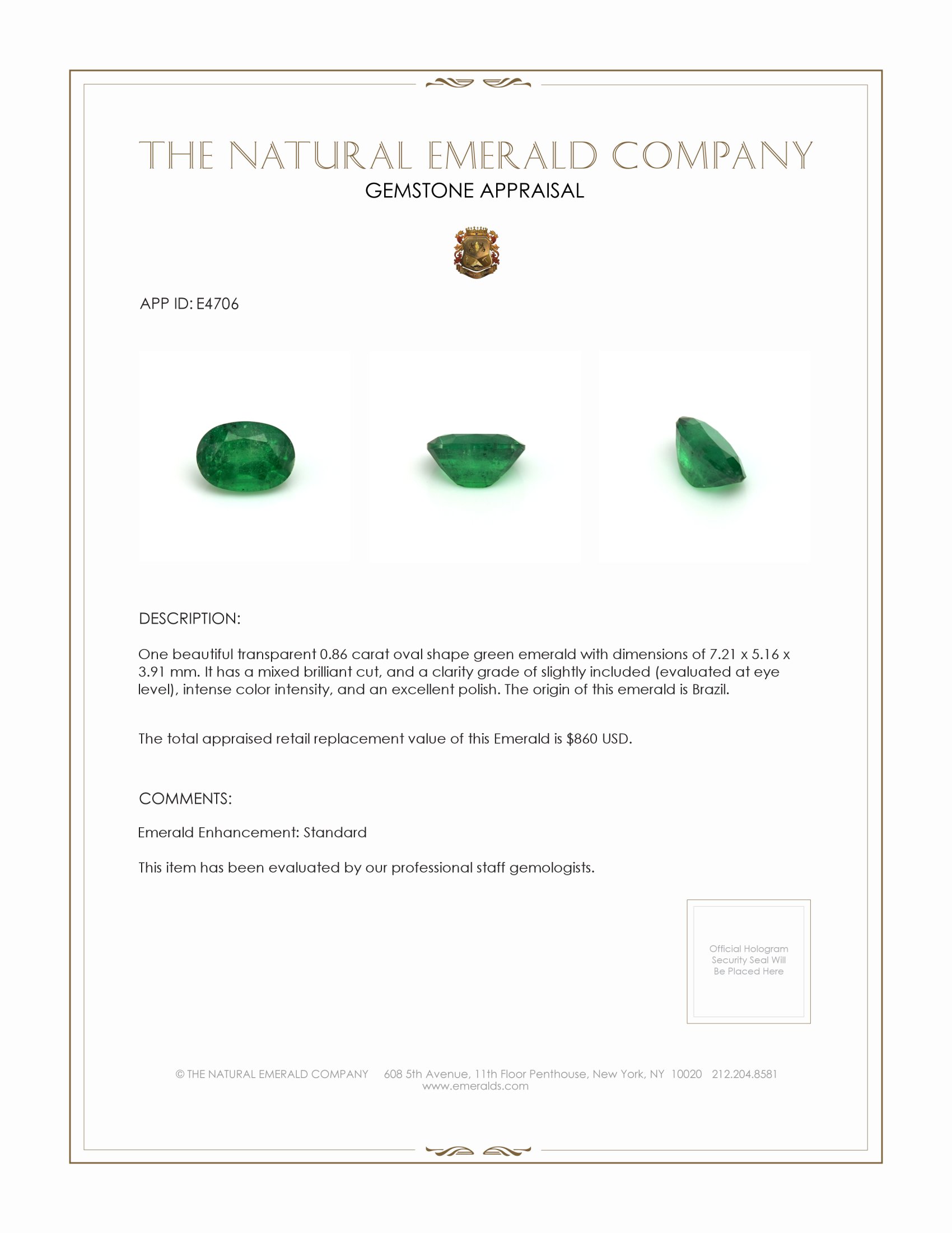0.86 Ct. Emerald from Brazil