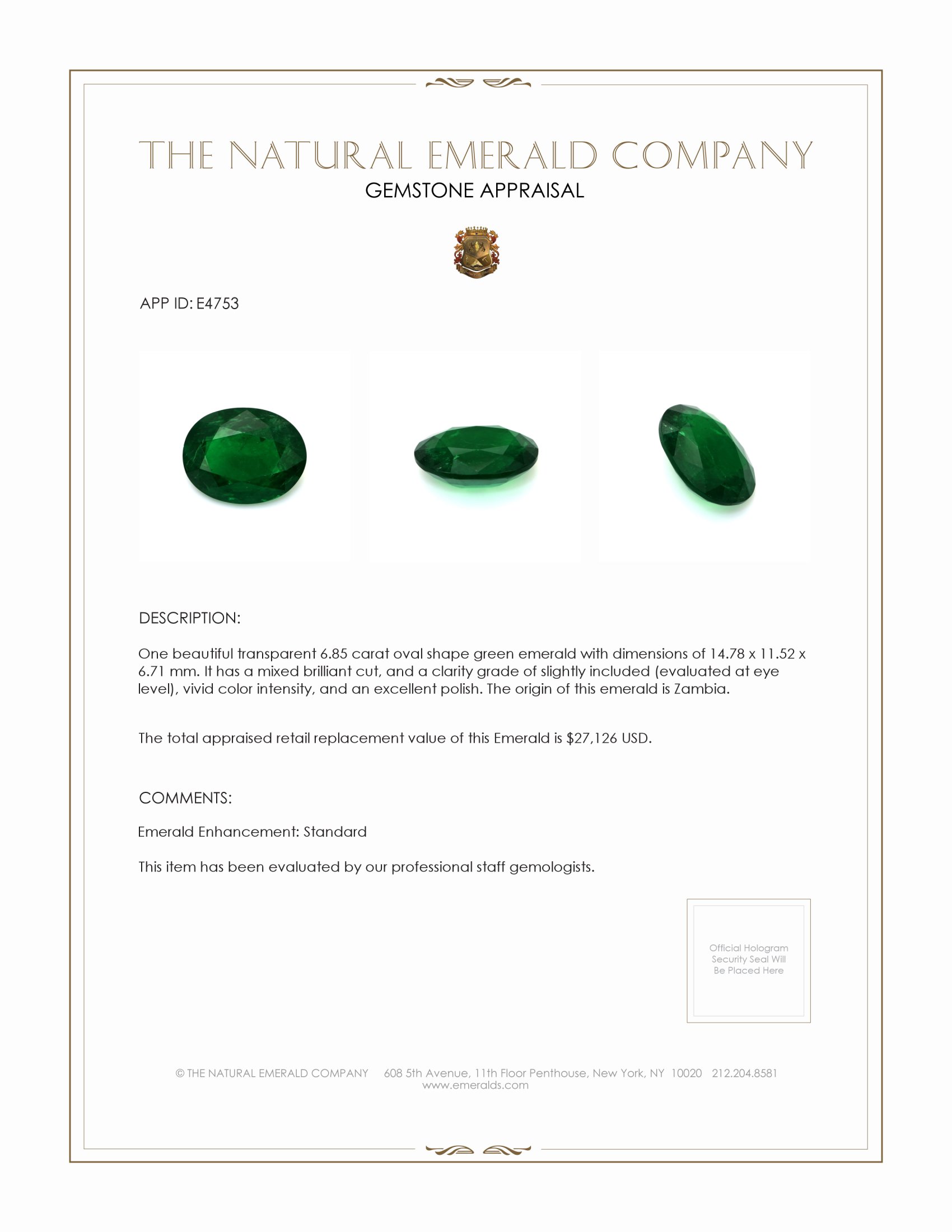 6.85 Ct. Emerald from Zambia