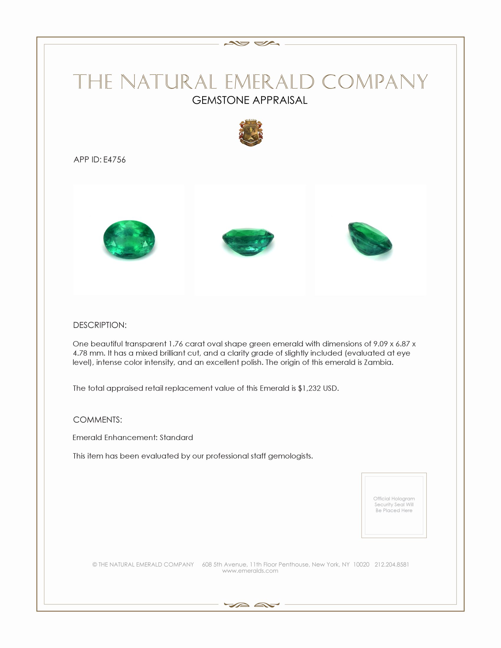 1.76 Ct. Emerald from Zambia