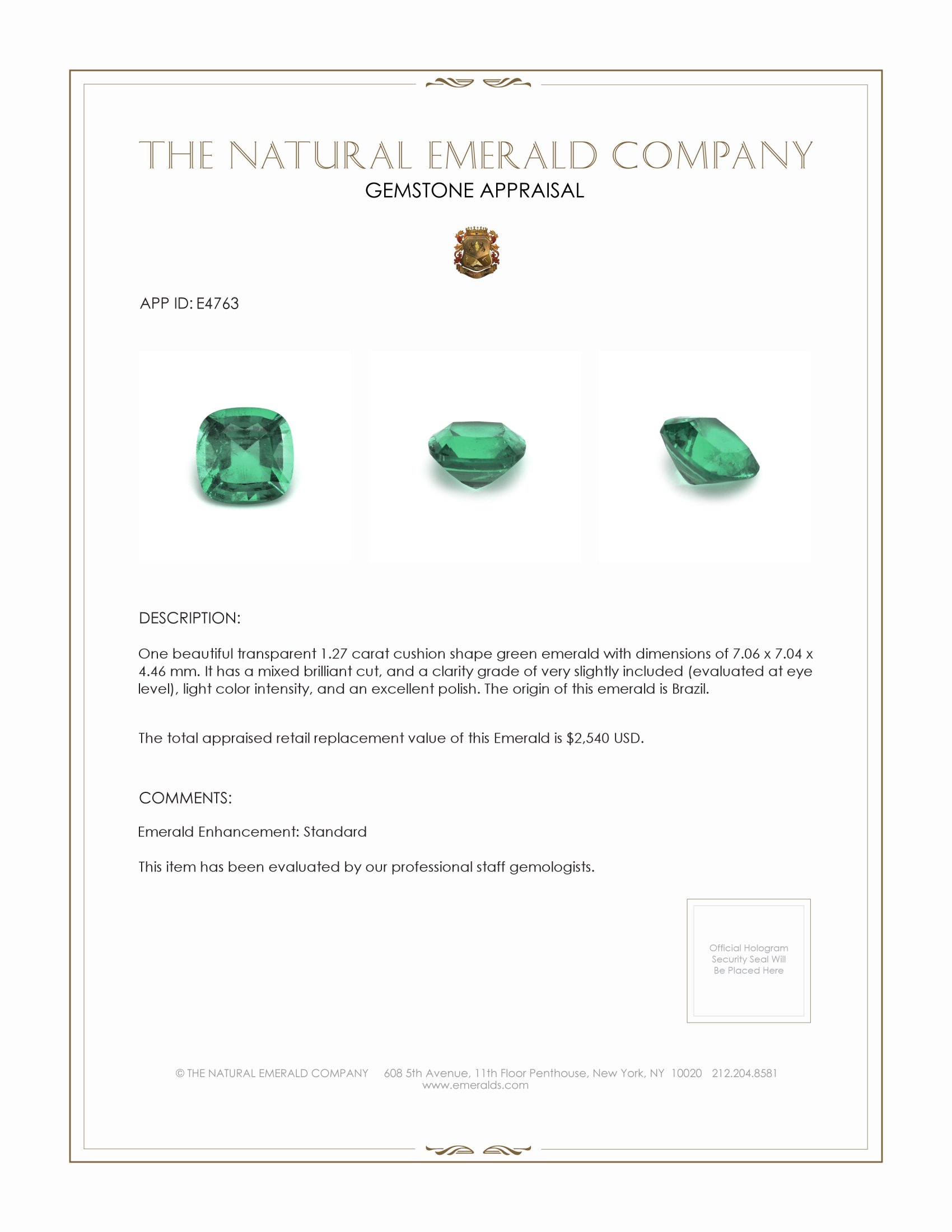 1.27 Ct. Emerald from Brazil