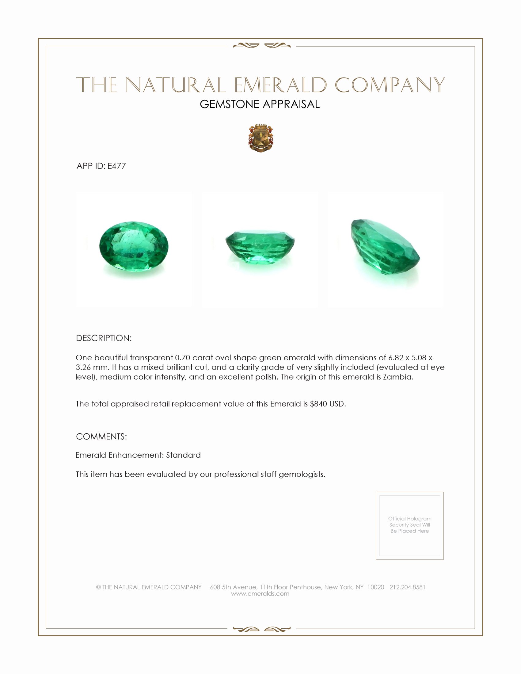 0.70 Ct. Emerald from Zambia