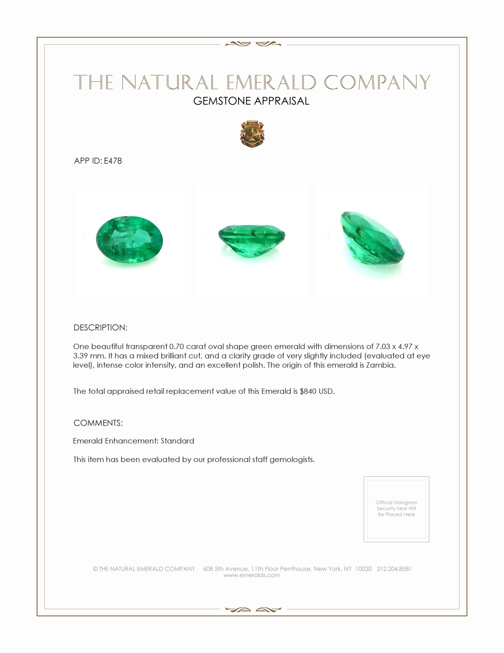 0.70 Ct. Emerald from Zambia