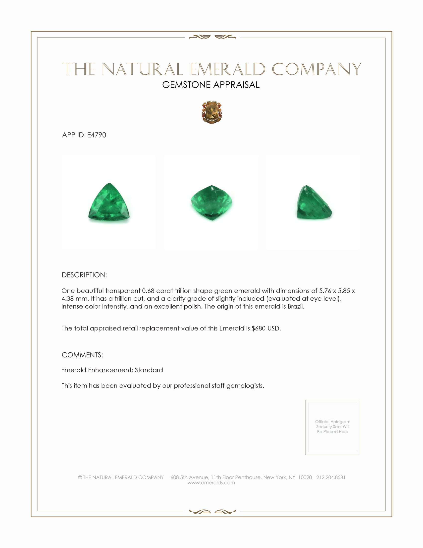 0.68 Ct. Emerald from Brazil