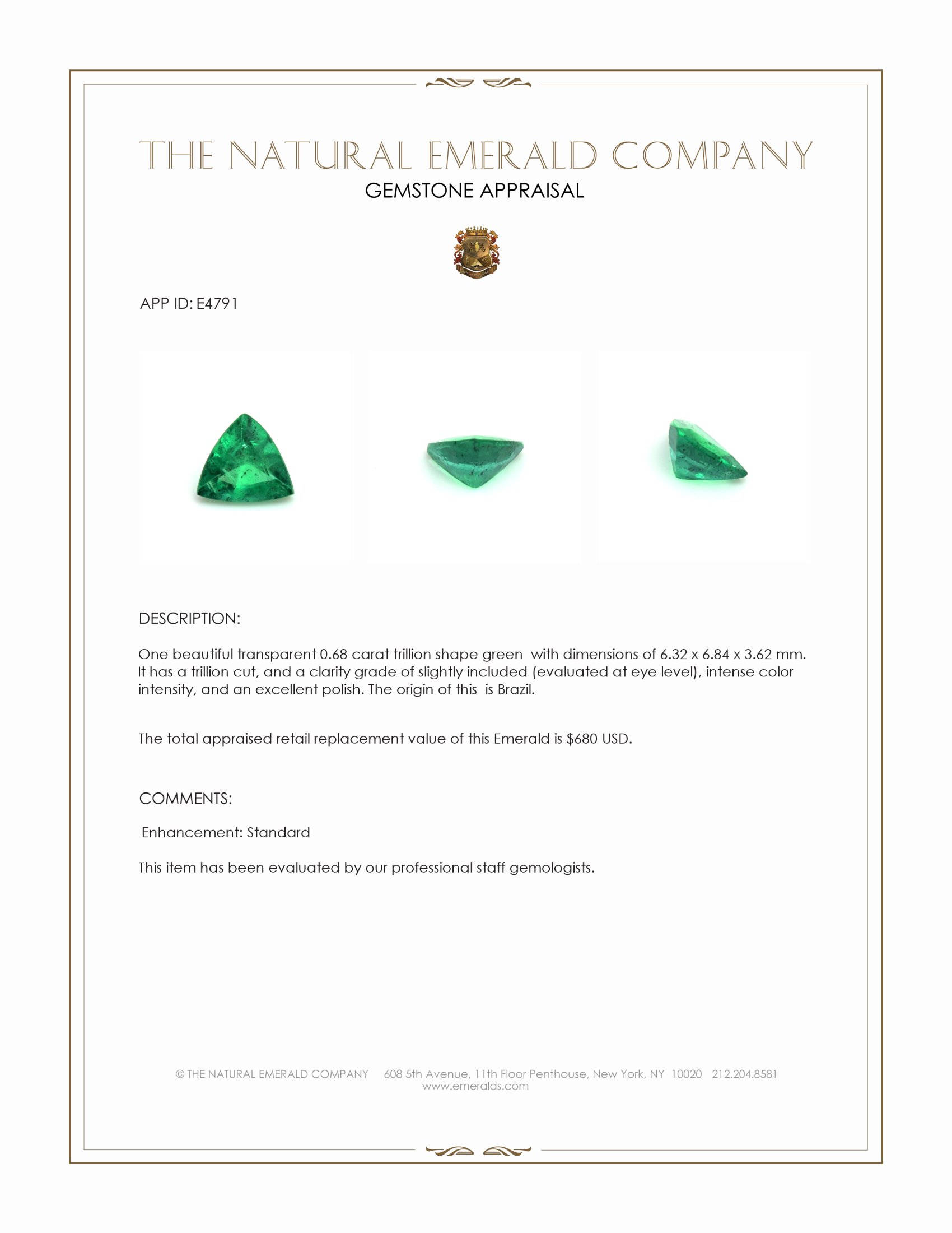 0.68 Ct. Emerald from Brazil