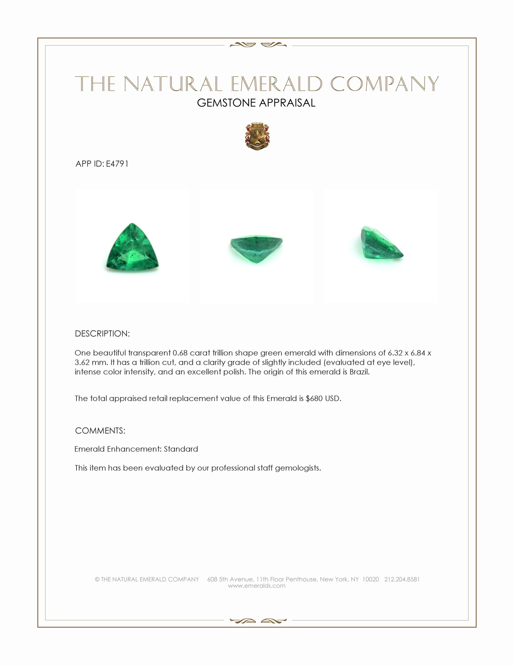0.68 Ct. Emerald from Brazil