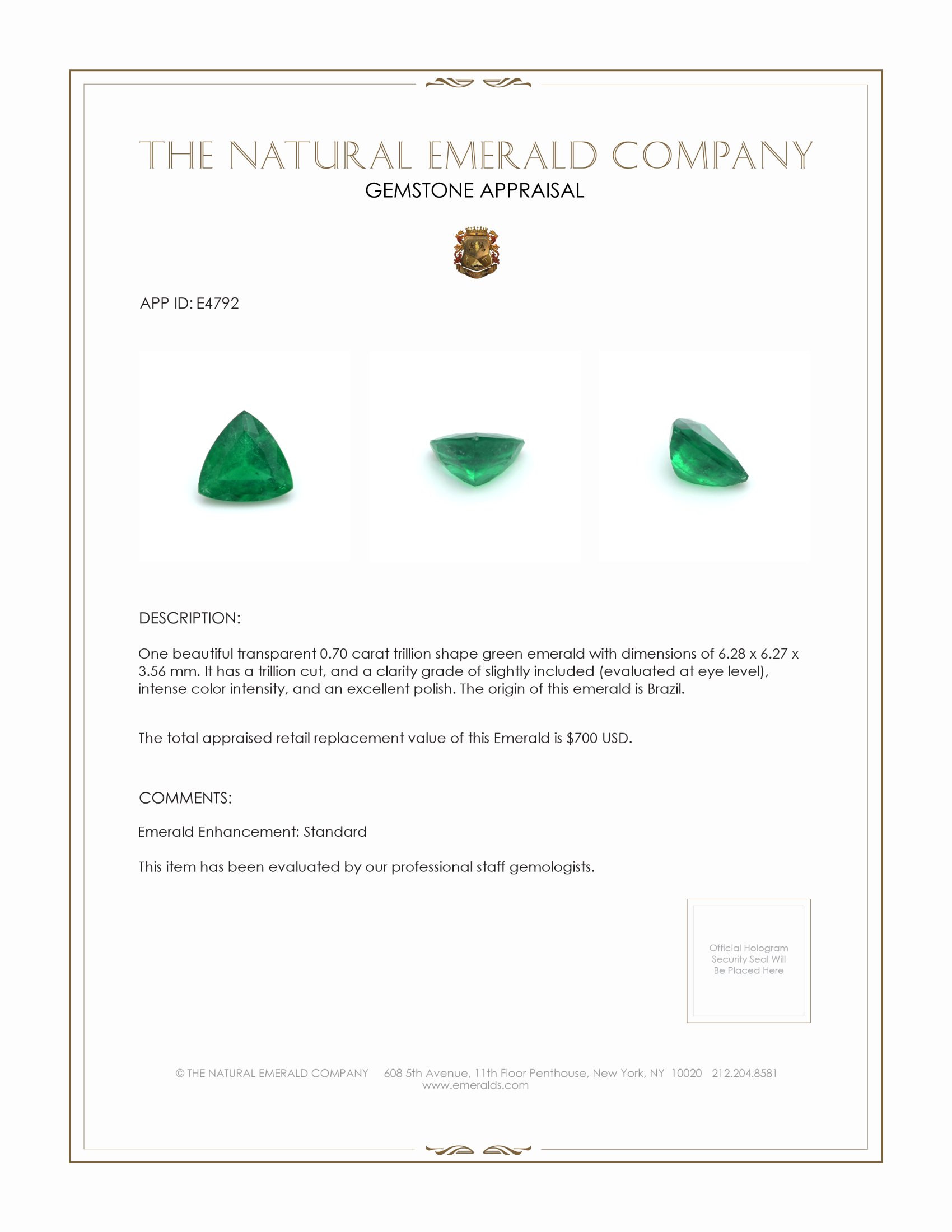 0.70 Ct. Emerald from Brazil