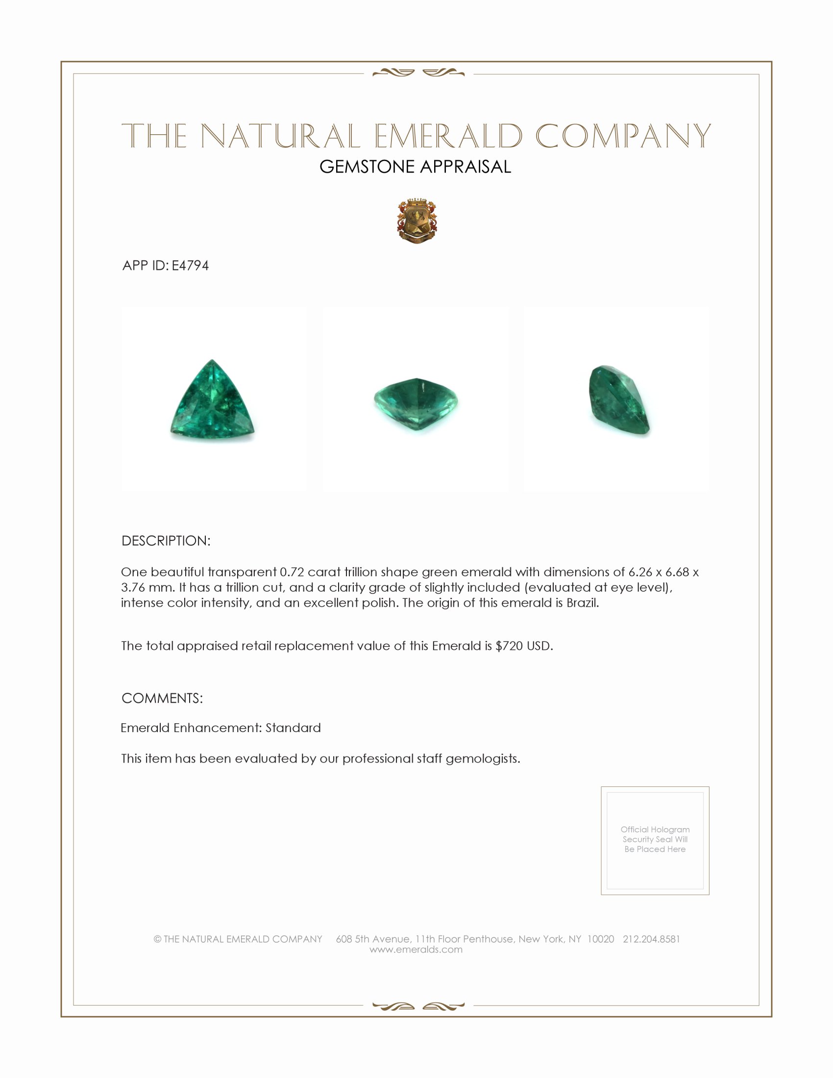 0.72 Ct. Emerald from Brazil