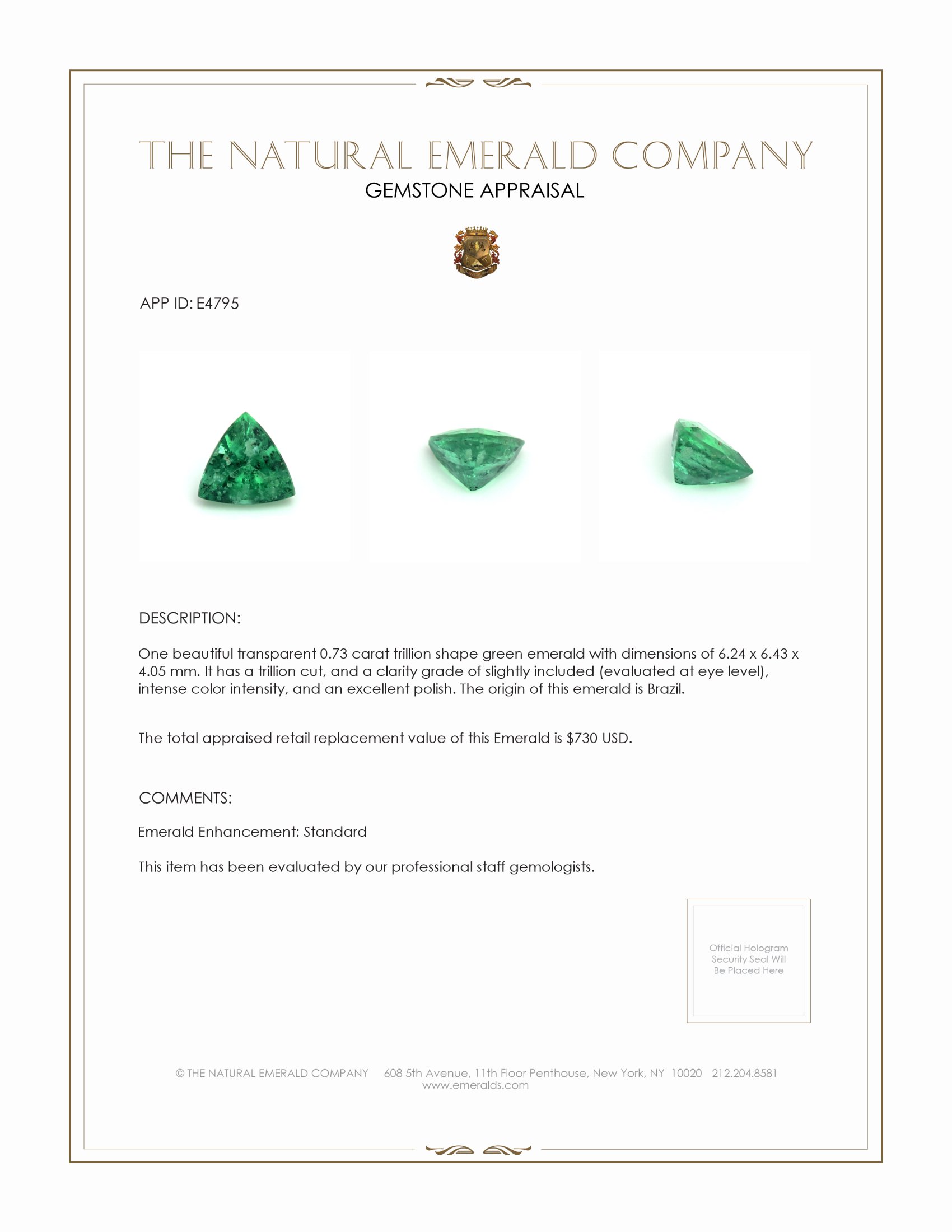 0.73 Ct. Emerald from Brazil