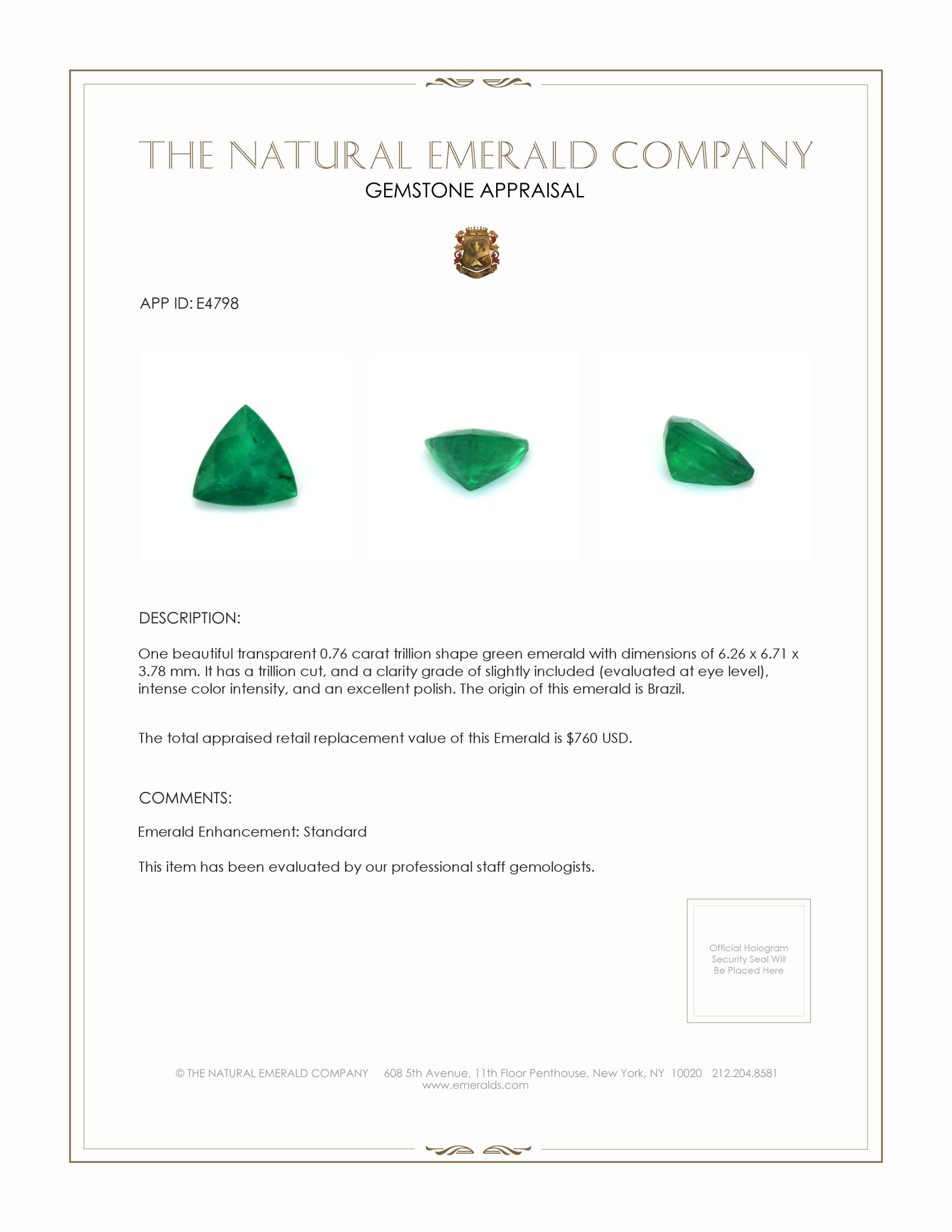 0.76 Ct. Emerald from Brazil
