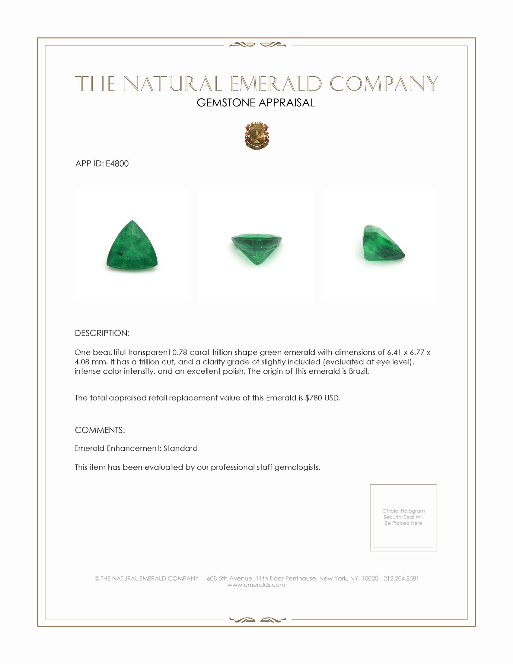 0.78 Ct. Emerald from Brazil