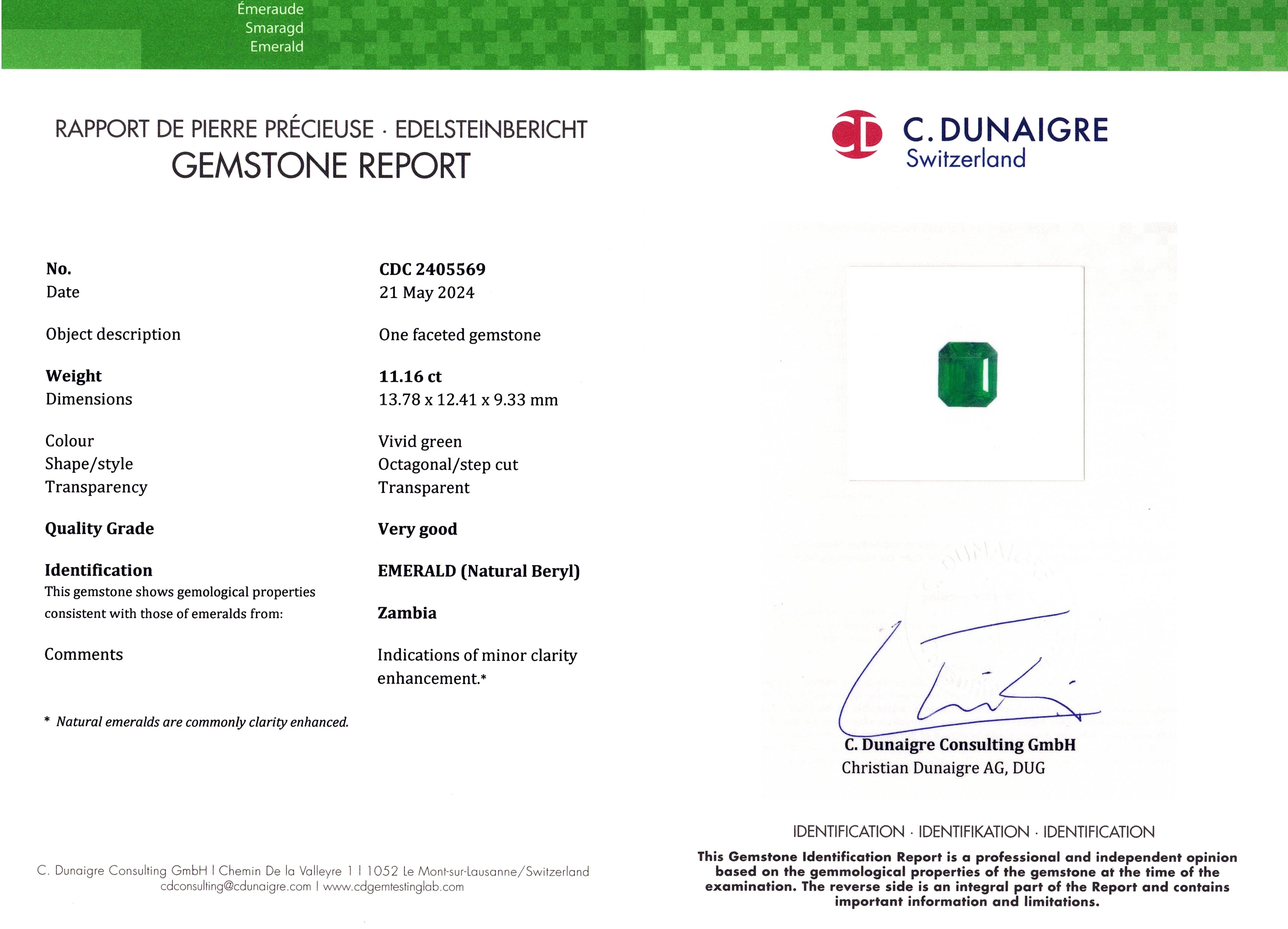 11.16 Ct. Emerald from Zambia