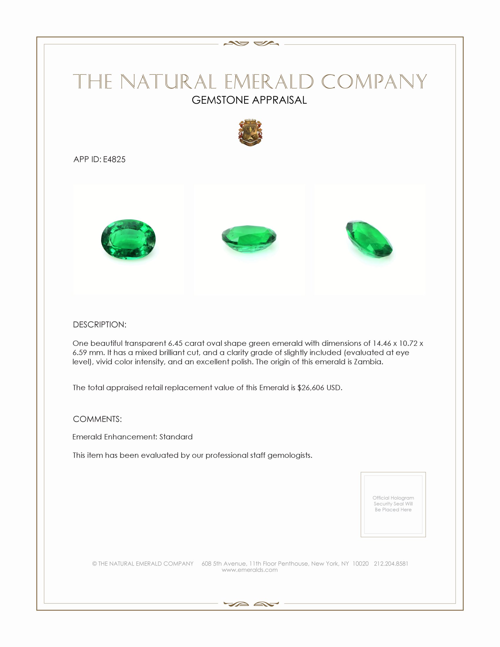 6.45 Ct. Emerald from Zambia