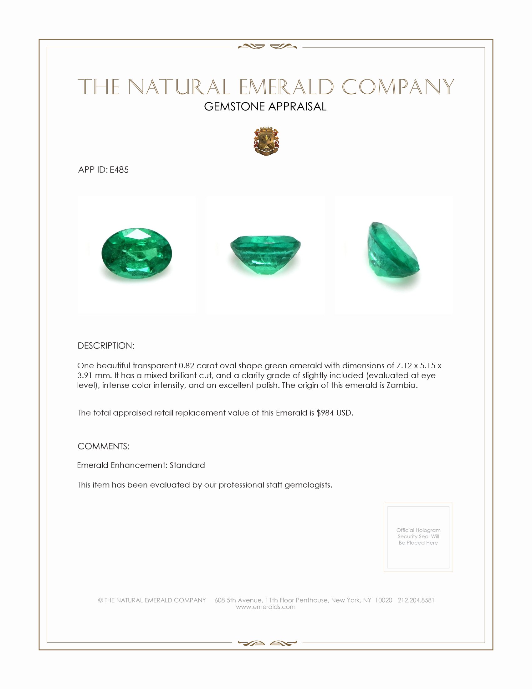 0.82 Ct. Emerald from Zambia