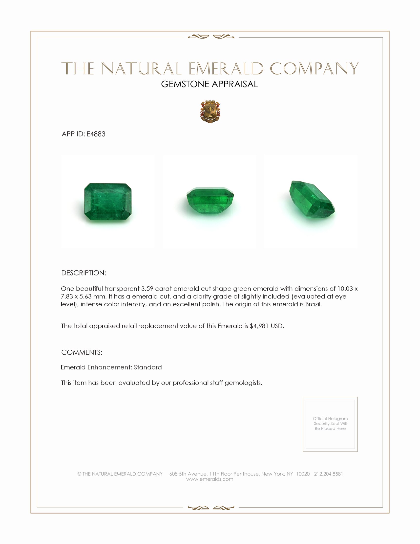3.59 Ct. Emerald from Brazil