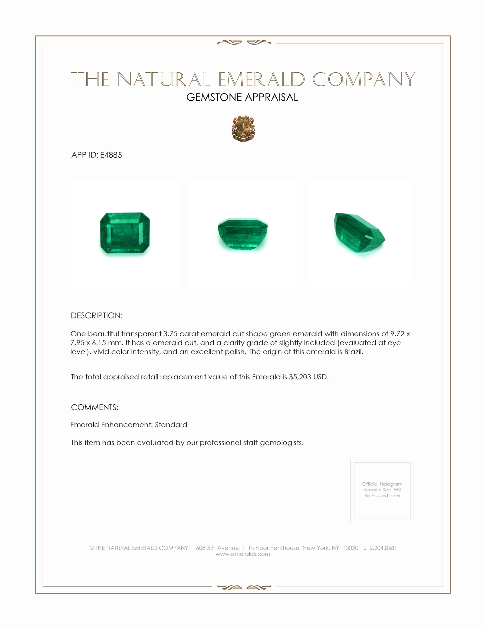 3.75 Ct. Emerald from Brazil