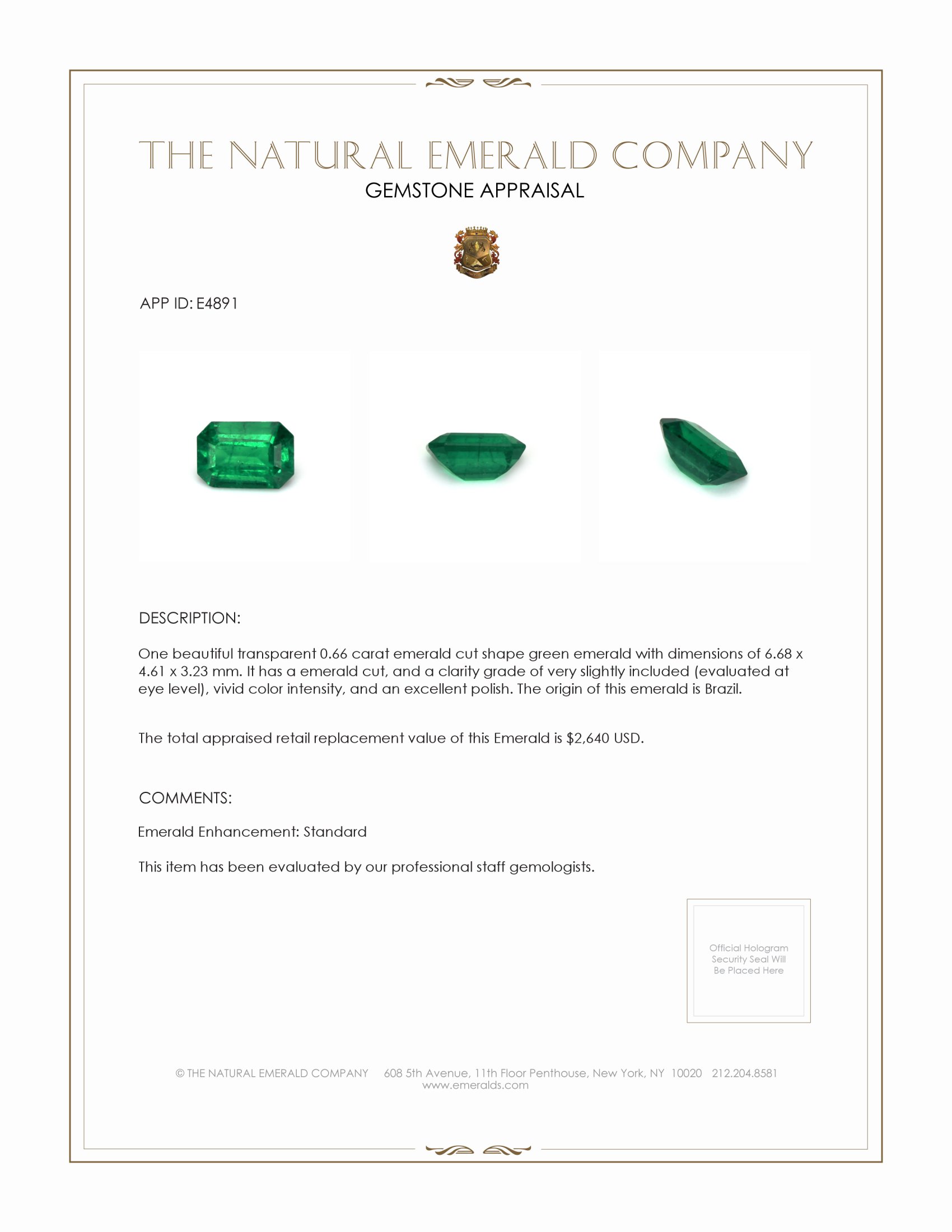 0.66 Ct. Emerald from Brazil