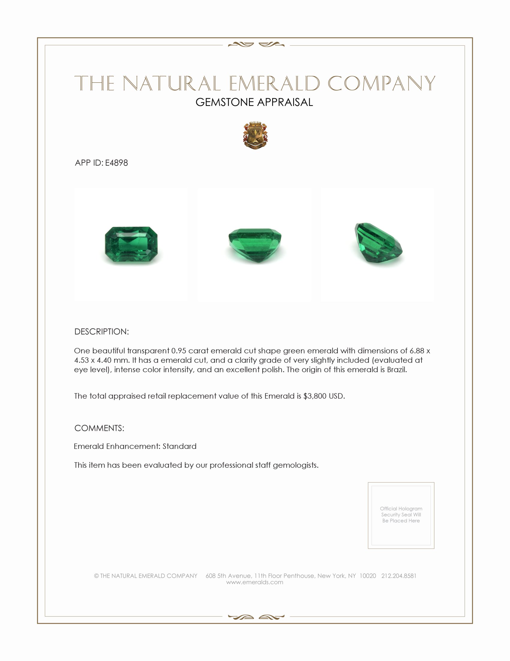 0.95 Ct. Emerald from Brazil