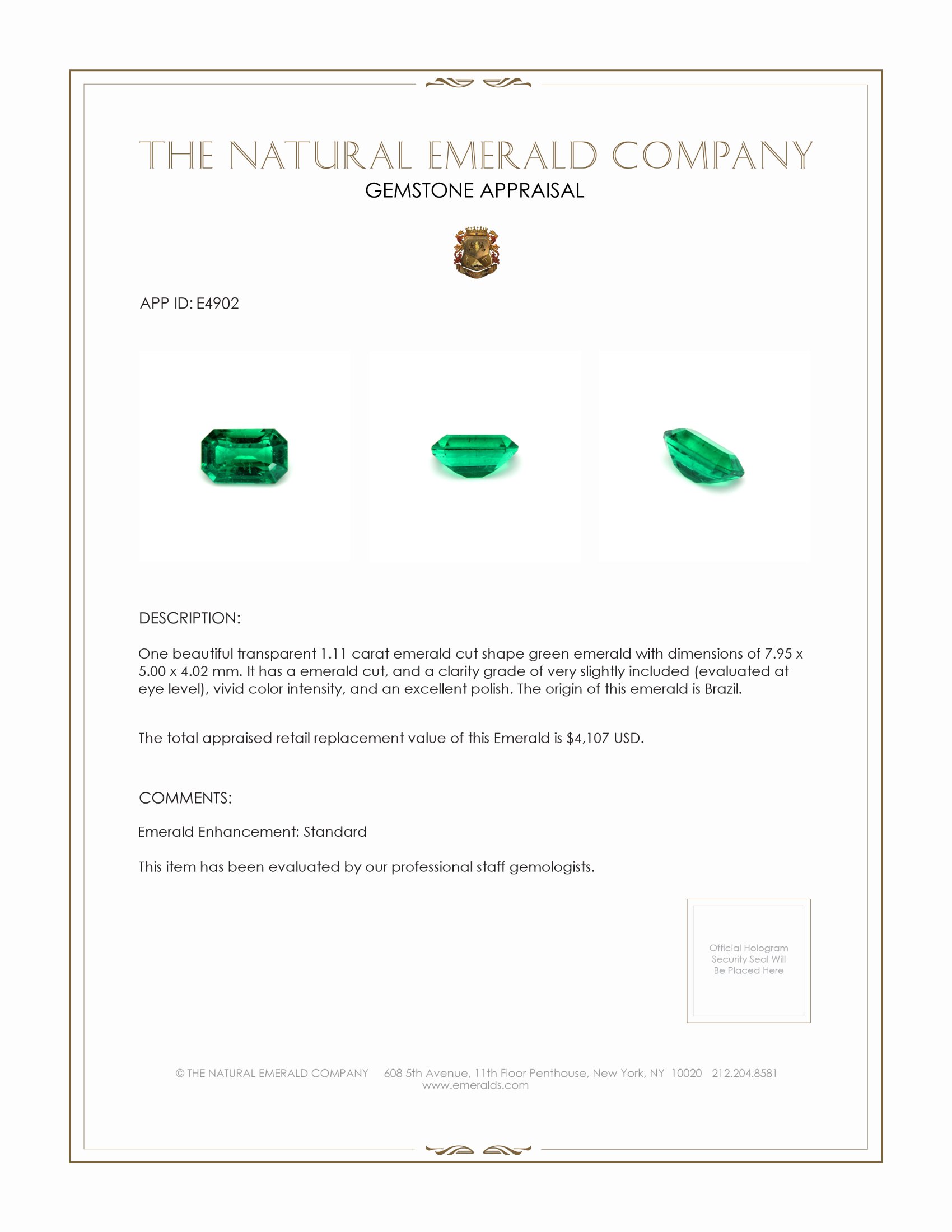 1.11 Ct. Emerald from Brazil