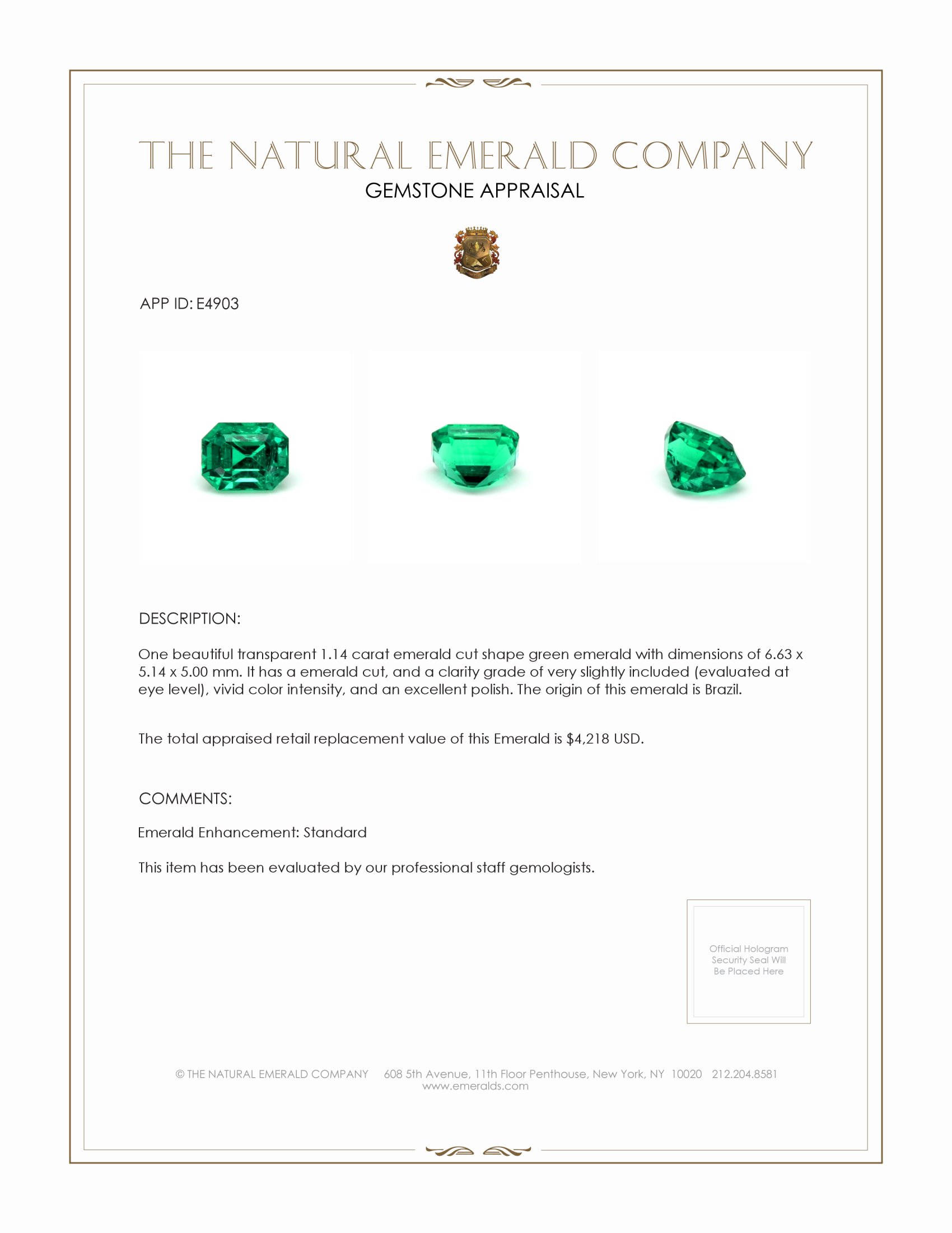 1.14 Ct. Emerald from Brazil