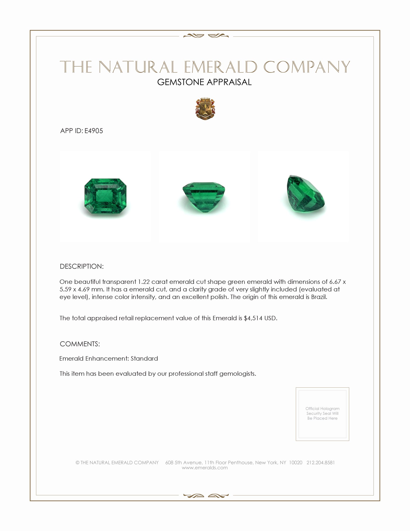 1.22 Ct. Emerald from Brazil