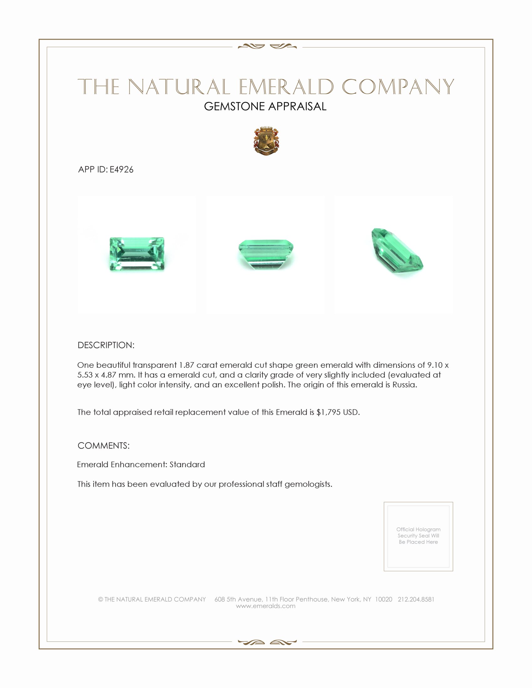 1.87 Ct. Emerald from Russia