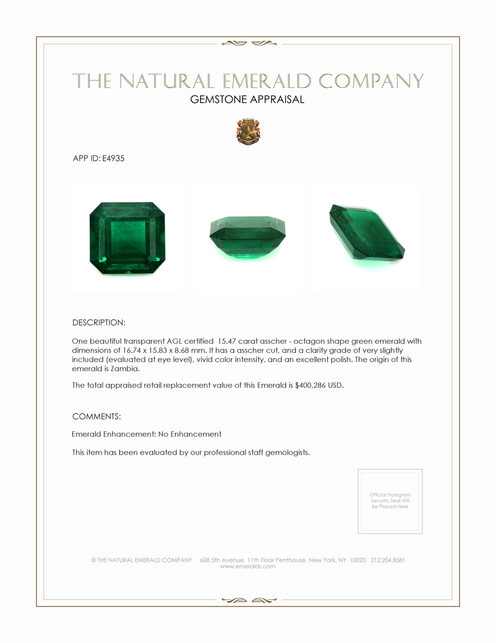 15.47 Ct. Emerald from Zambia