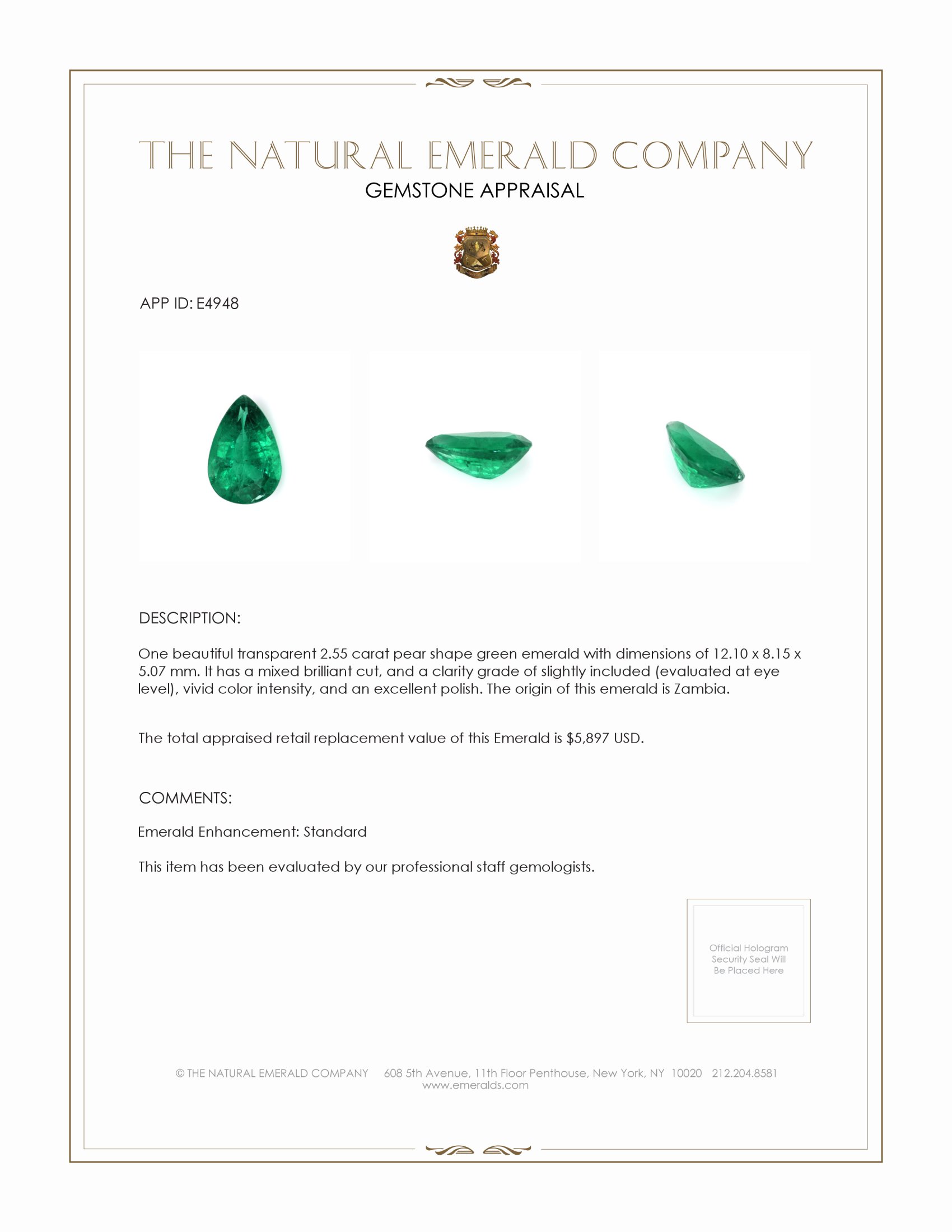 2.55 Ct. Emerald from Zambia