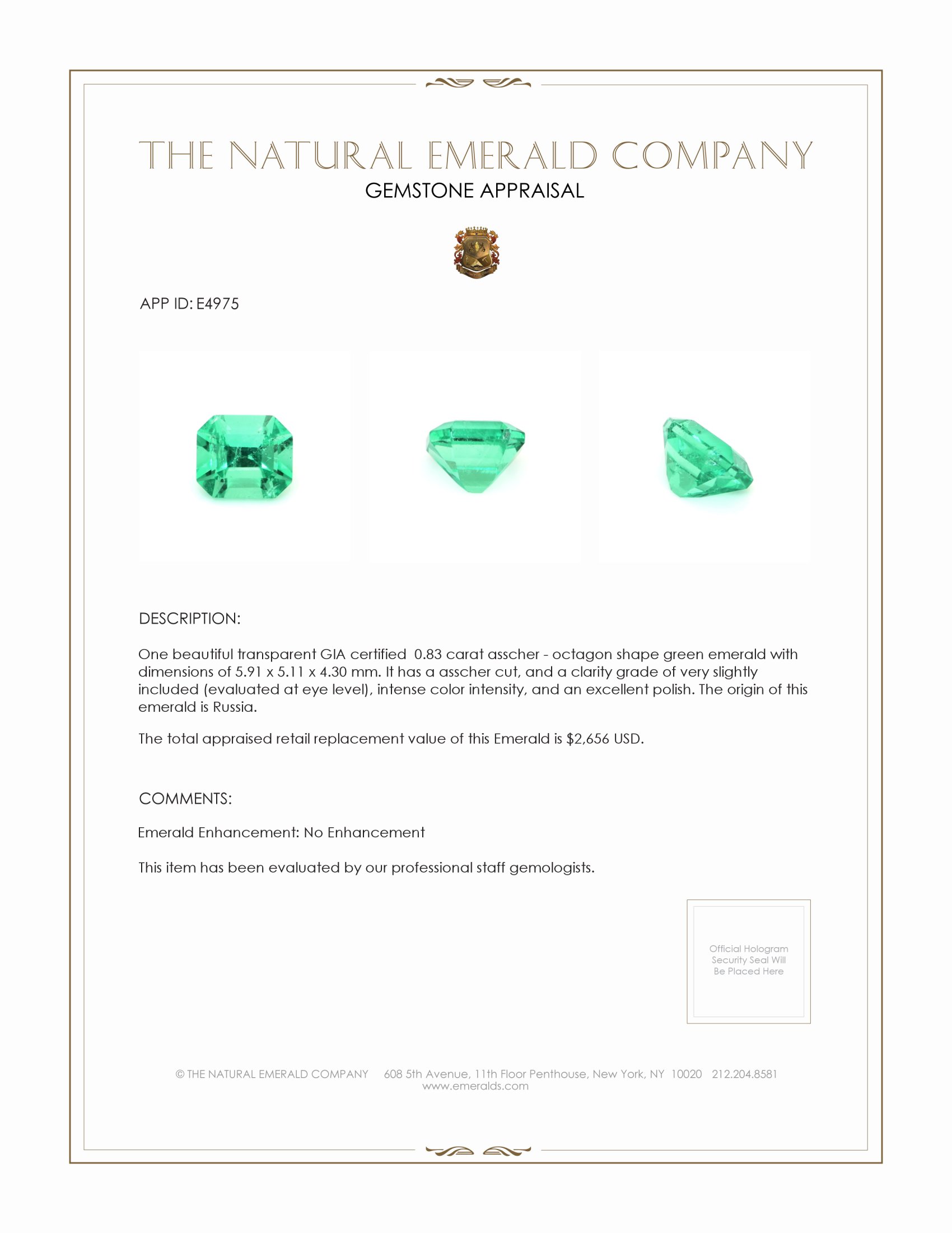 0.83 Ct. Emerald from Russia