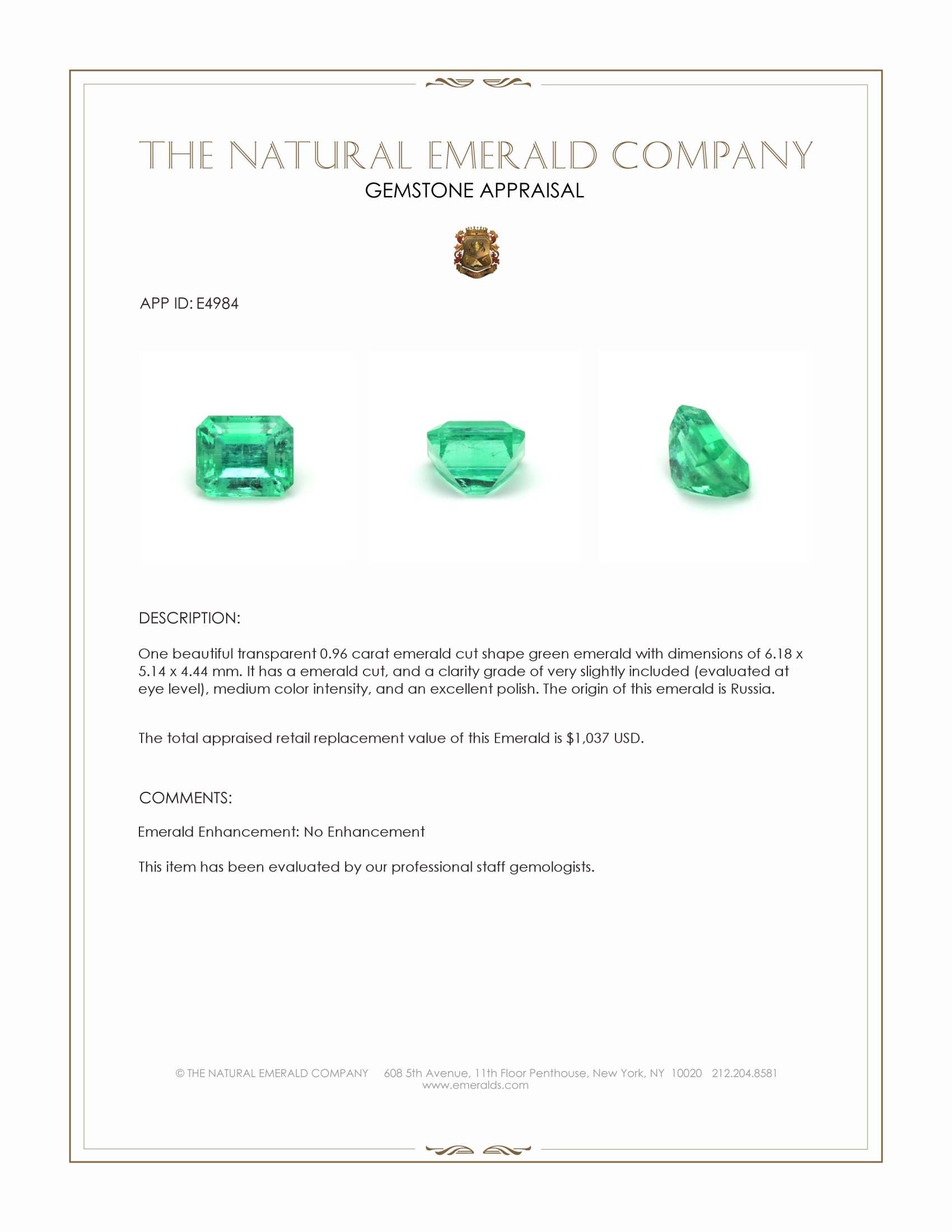 0.96 Ct. Emerald from Russia