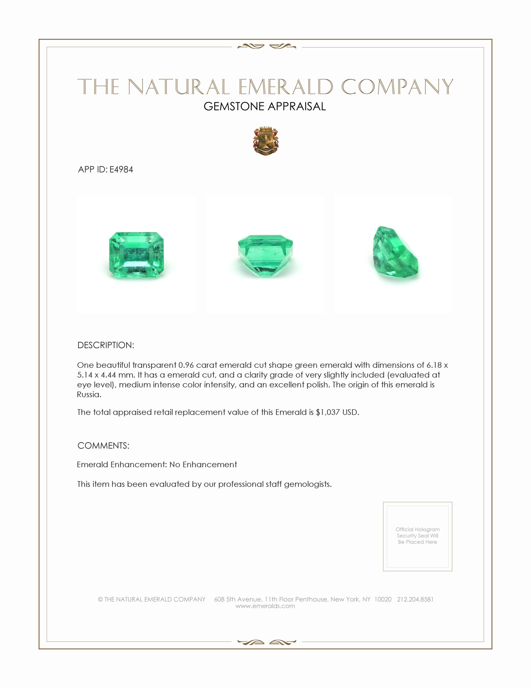 0.96 Ct. Emerald from Russia