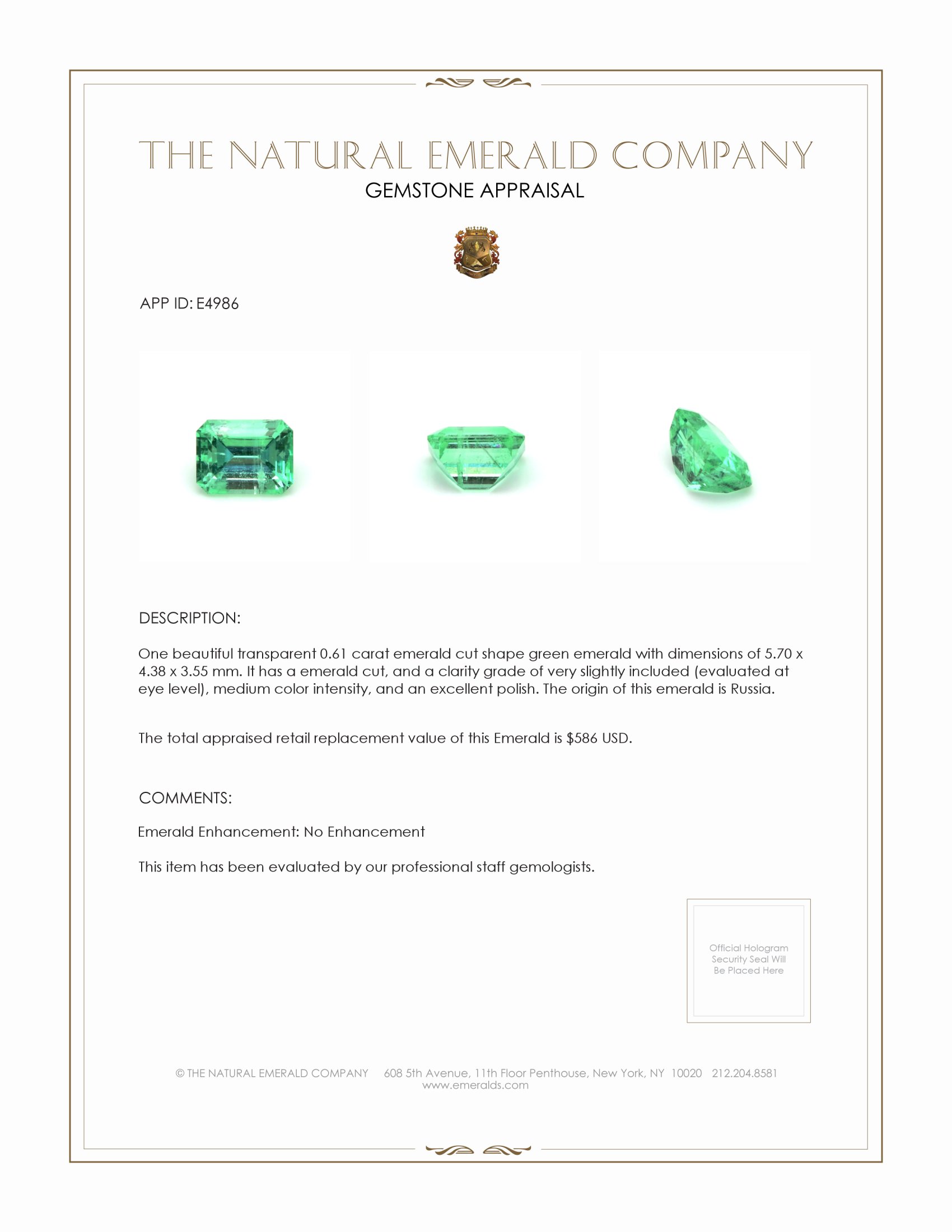 0.61 Ct. Emerald from Russia