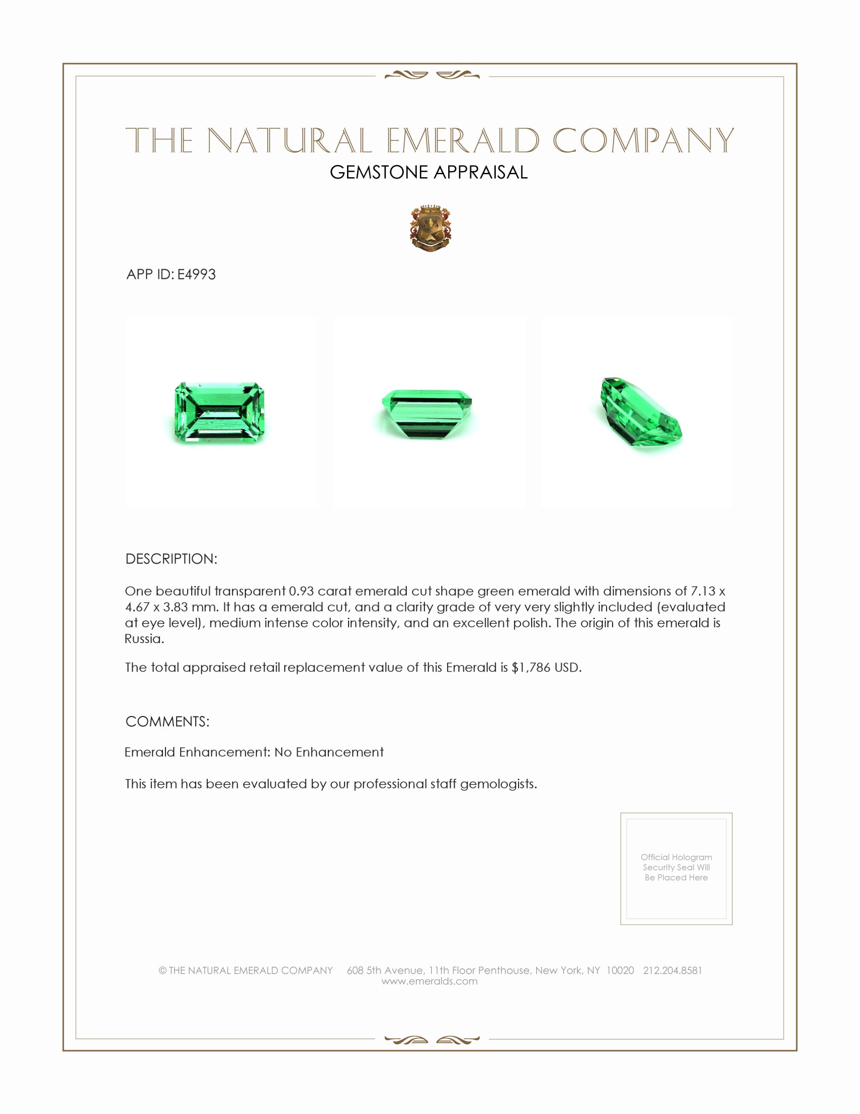 0.93 Ct. Emerald from Russia