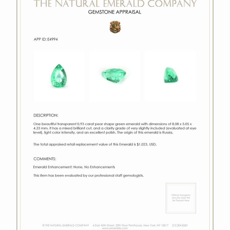 0.93 Ct. Emerald from Russia