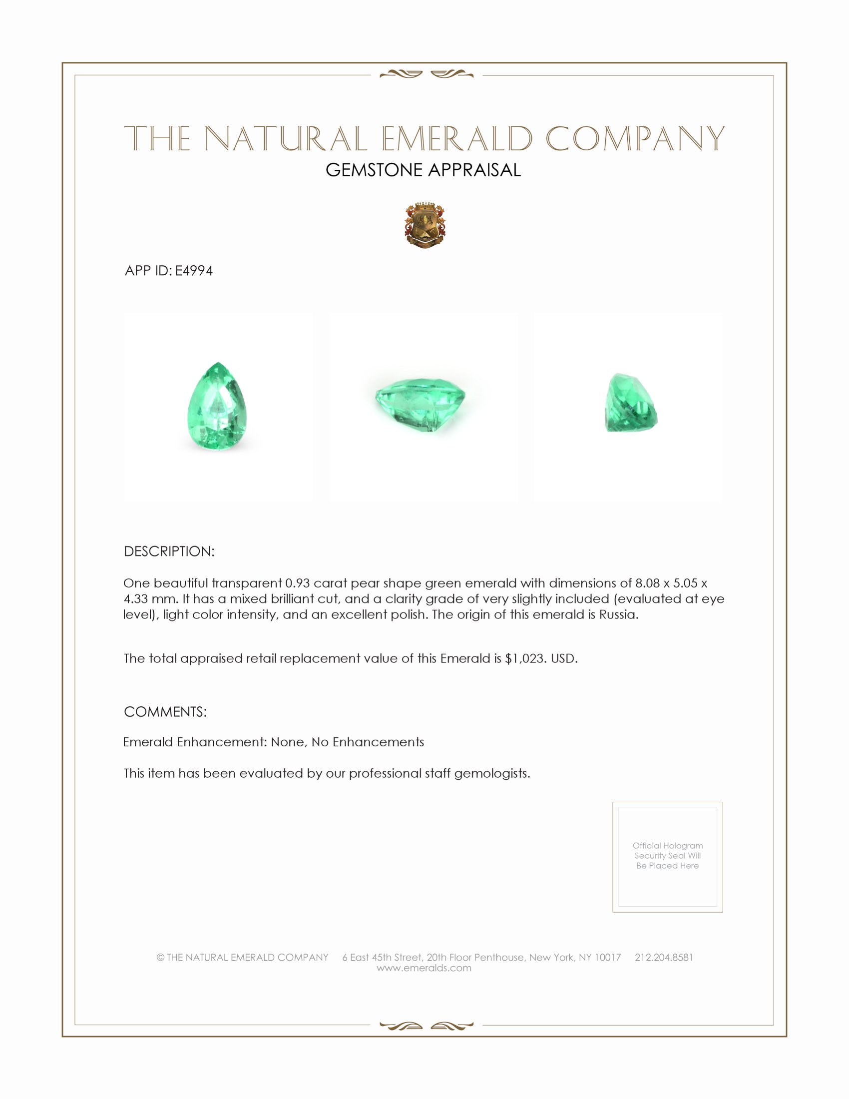 0.93 Ct. Emerald from Russia