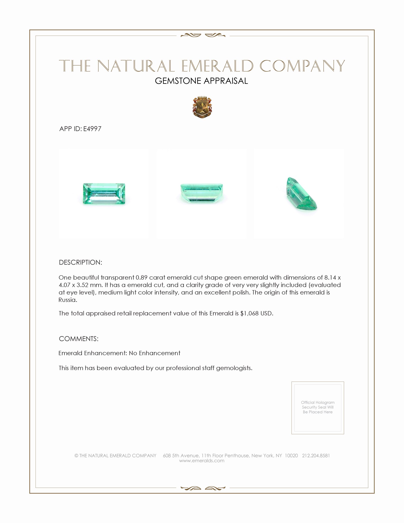 0.89 Ct. Emerald from Russia